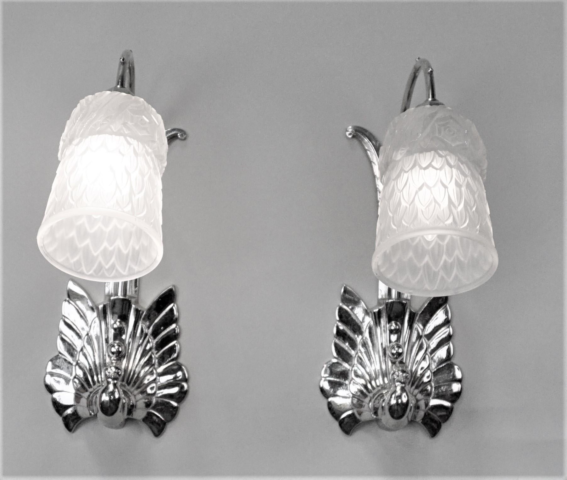 Plated Pair of Art Deco Wall Sconces by Charles Schneider
