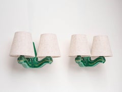 Pair of Art Deco Wall Sconces - Green & Gold Enameled Ceramic - France 1940s