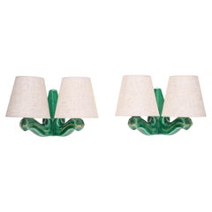 Pair of Art Deco Wall Sconces - Green & Gold Enameled Ceramic - France 1940s
