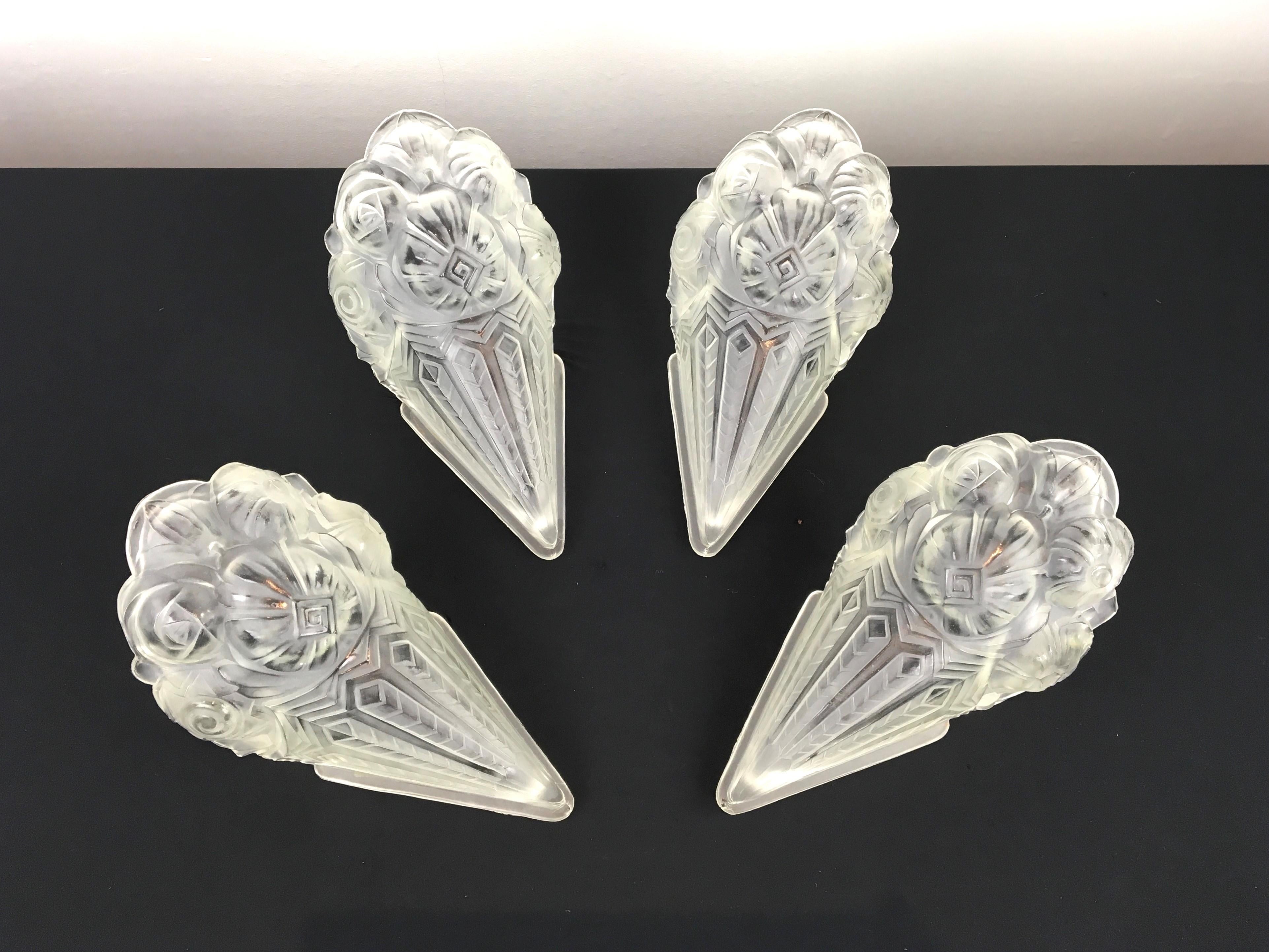  Pair of Art Deco Wall Scones with Molded Clear Frosted Glass, 2 Pair Available 9