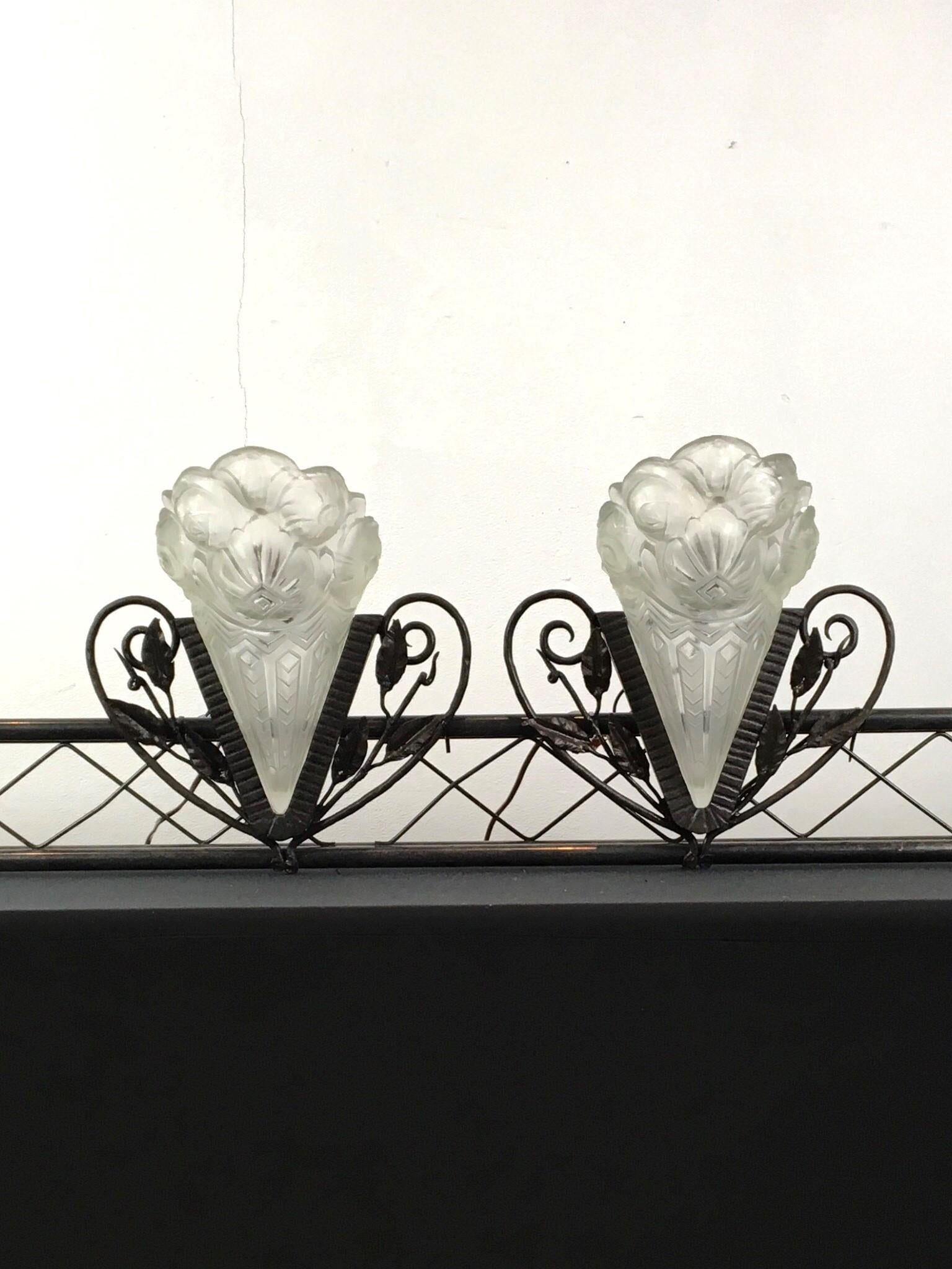  Pair of Art Deco Wall Scones with Molded Clear Frosted Glass, 2 Pair Available 15