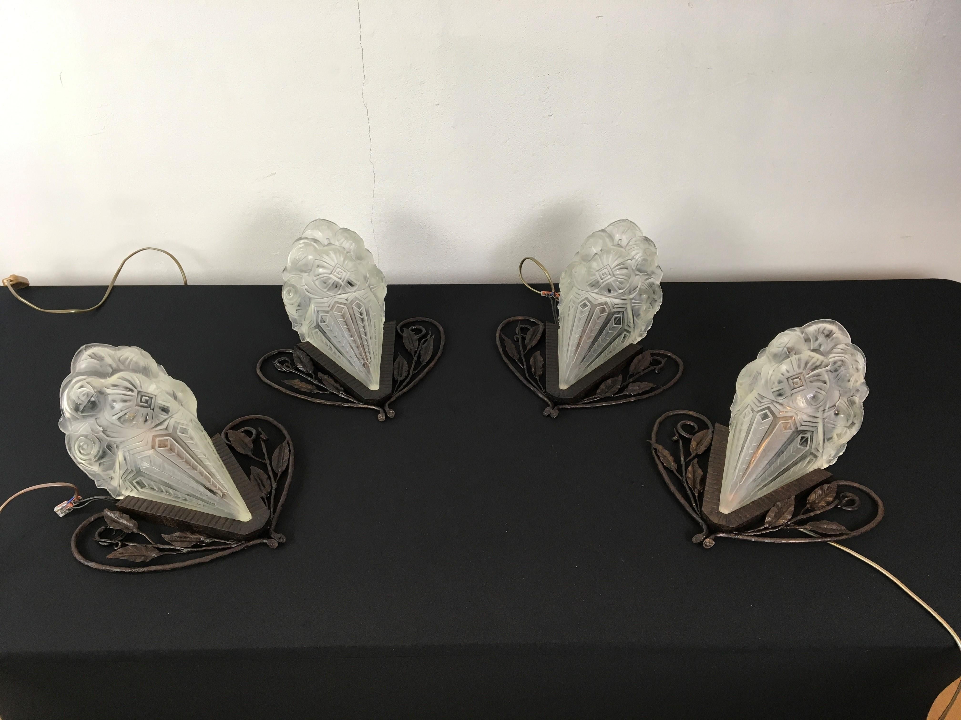 French  Pair of Art Deco Wall Scones with Molded Clear Frosted Glass, 2 Pair Available