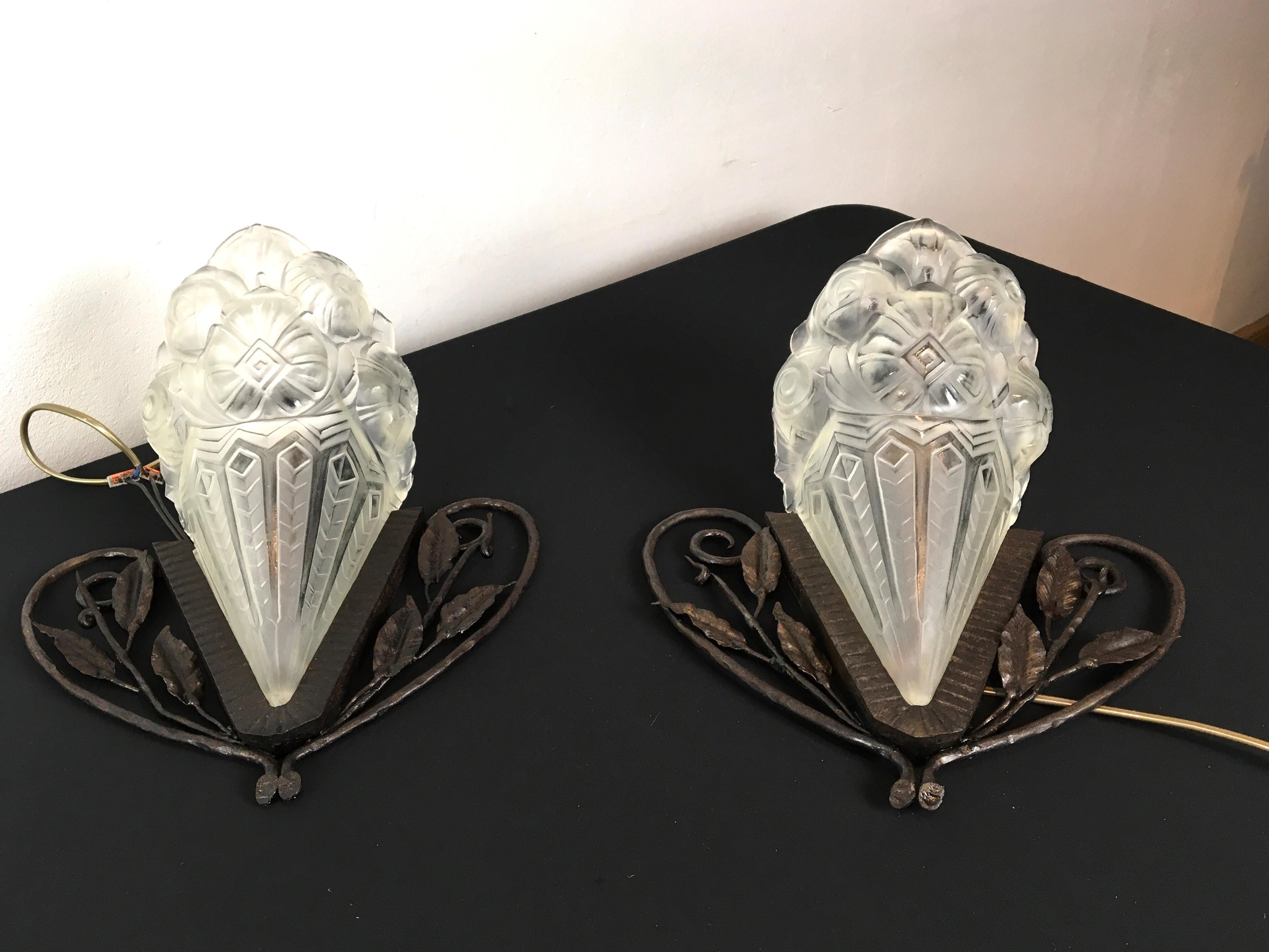 20th Century  Pair of Art Deco Wall Scones with Molded Clear Frosted Glass, 2 Pair Available