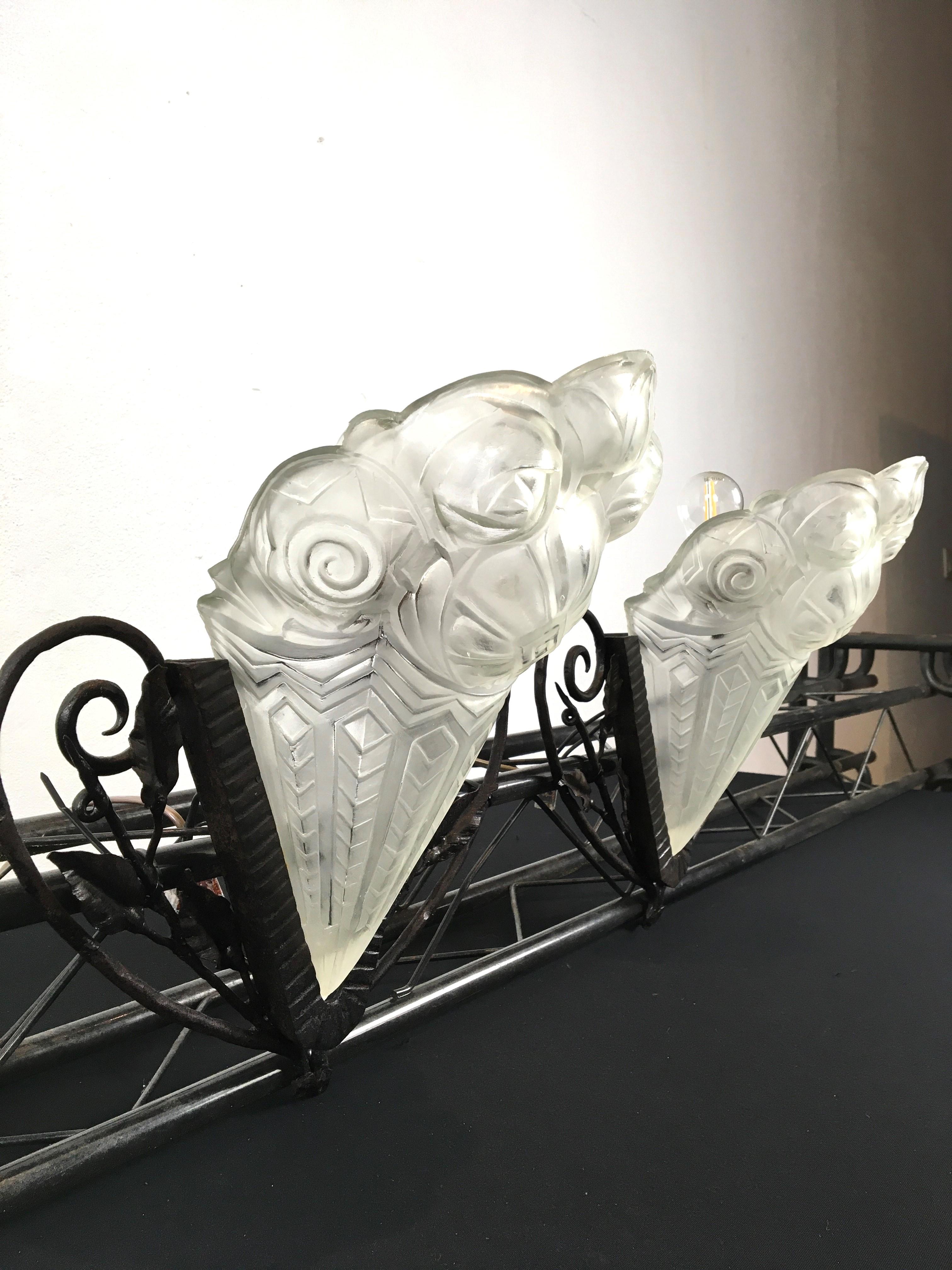  Pair of Art Deco Wall Scones with Molded Clear Frosted Glass, 2 Pair Available 3
