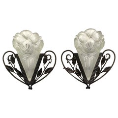 Pair of Art Deco Wall Scones with Molded Clear Frosted Glass, 2 Pair Available