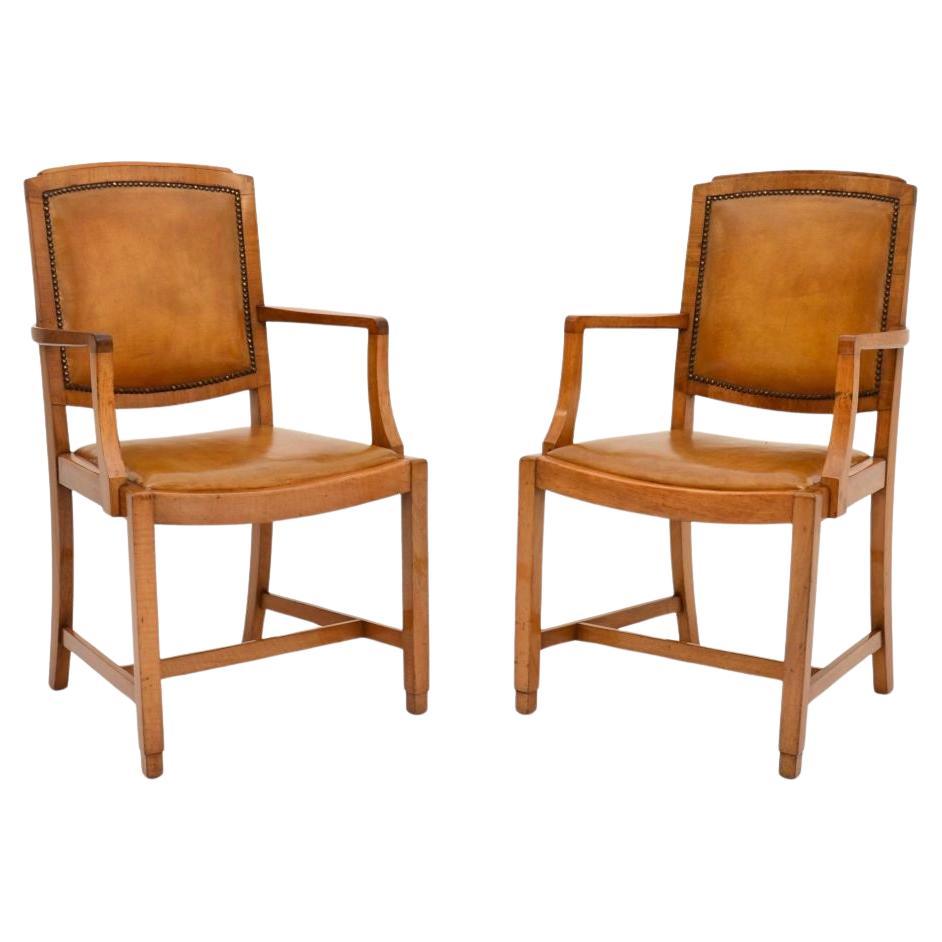 Pair of Art Deco Walnut and Leather Carver Armchairs