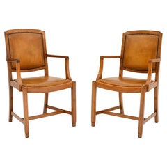 Pair of Art Deco Walnut and Leather Carver Armchairs