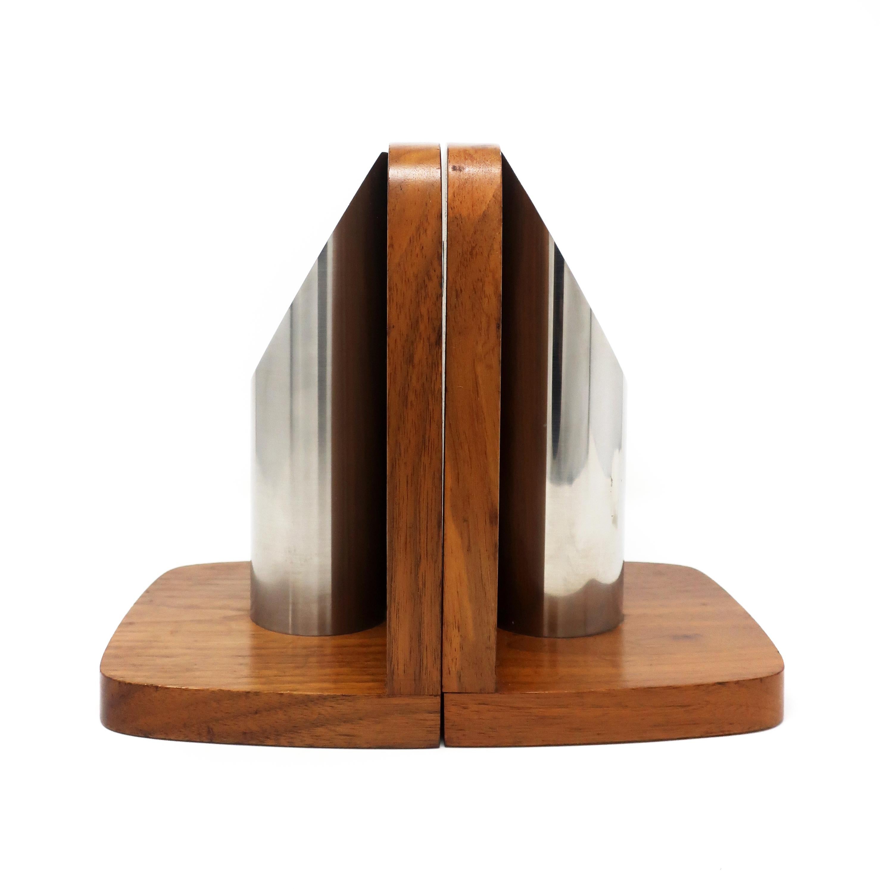 Pair of Art Deco Walnut and Polished Aluminum Bookends In Good Condition In Brooklyn, NY