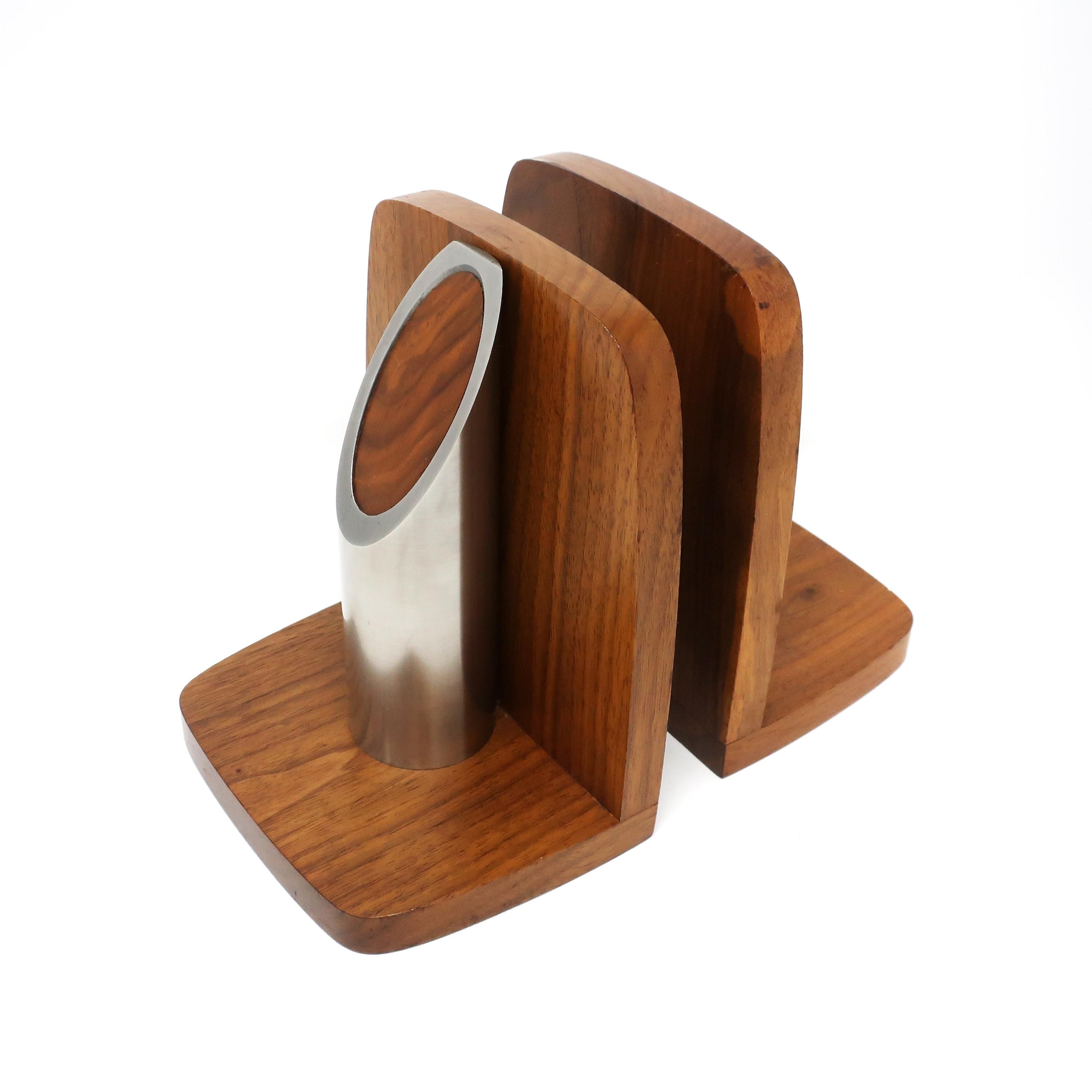 20th Century Pair of Art Deco Walnut and Polished Aluminum Bookends