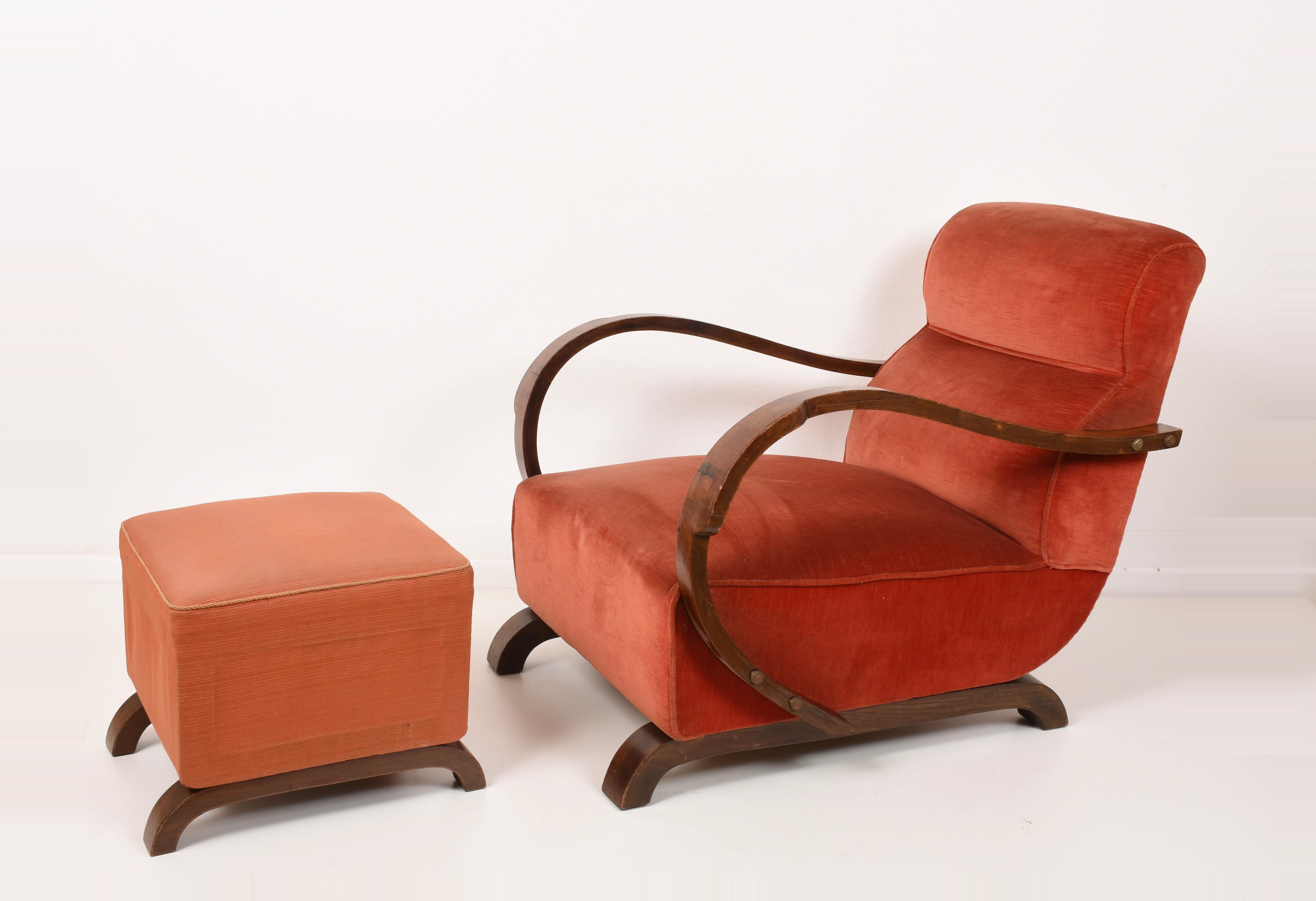 Pair of Art Deco Walnut and Red Fabric Italian Armchairs and Ottoman, 1930s 8