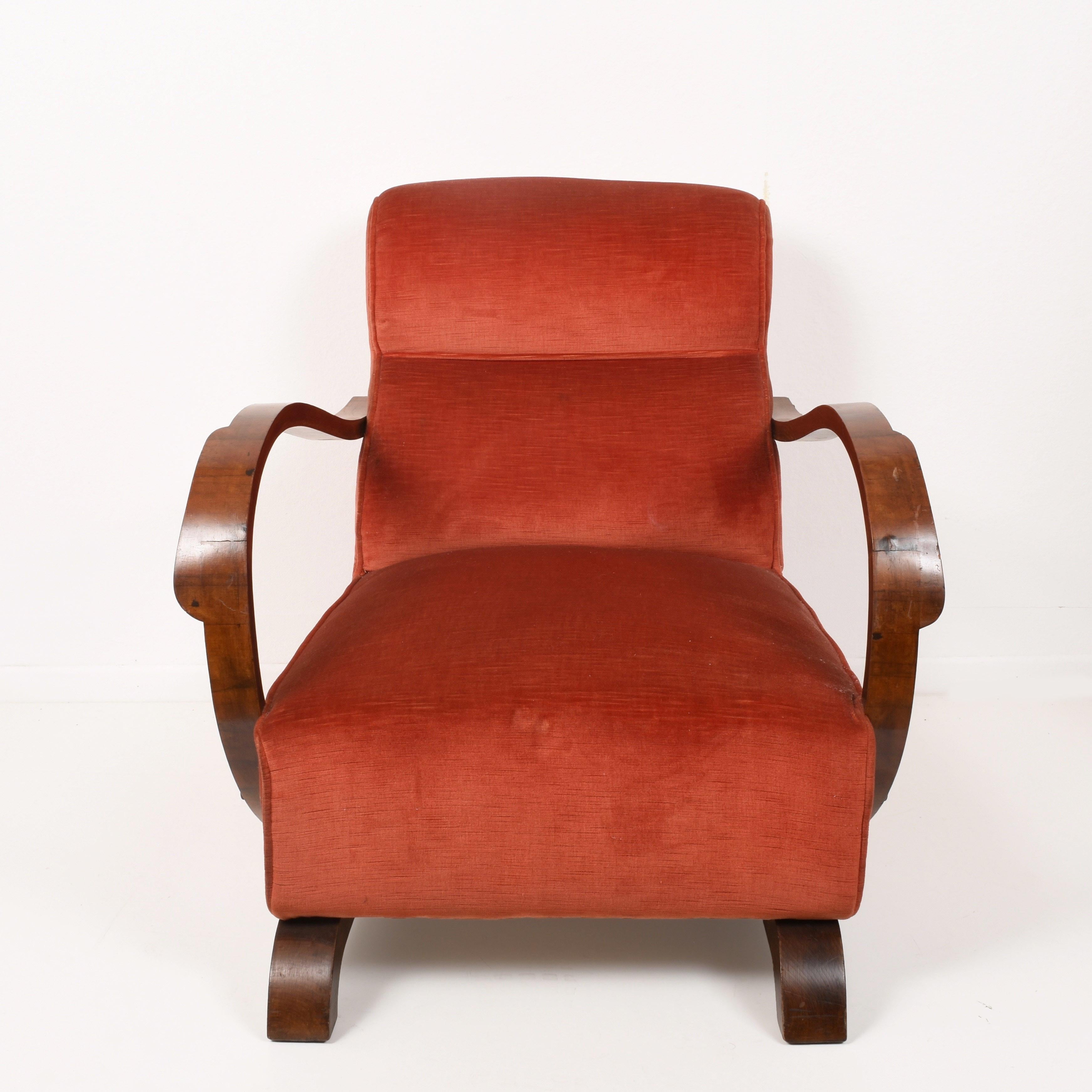 Pair of Art Deco Walnut and Red Fabric Italian Armchairs and Ottoman, 1930s 1