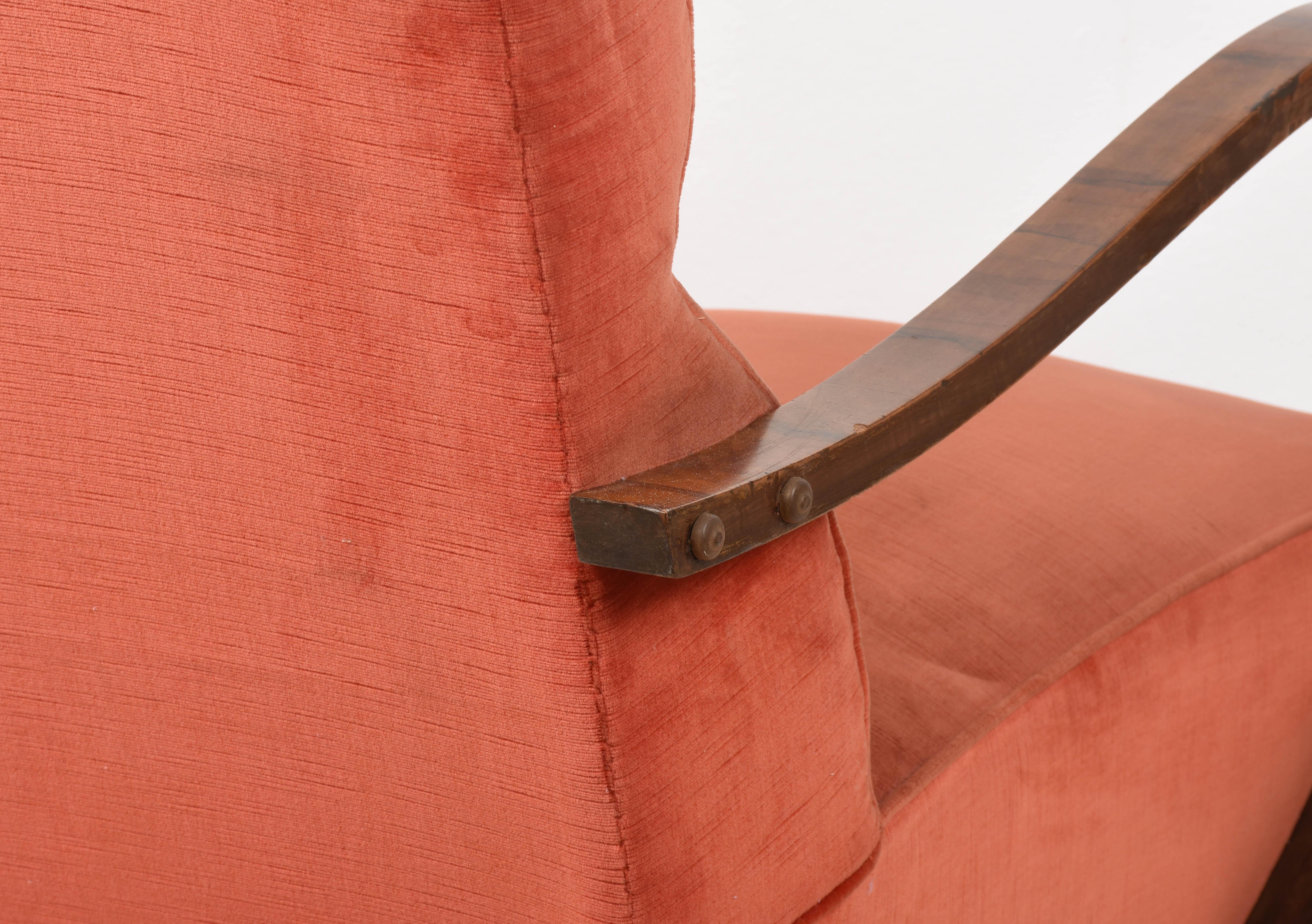 Pair of Art Deco Walnut and Red Fabric Italian Armchairs and Ottoman, 1930s 4