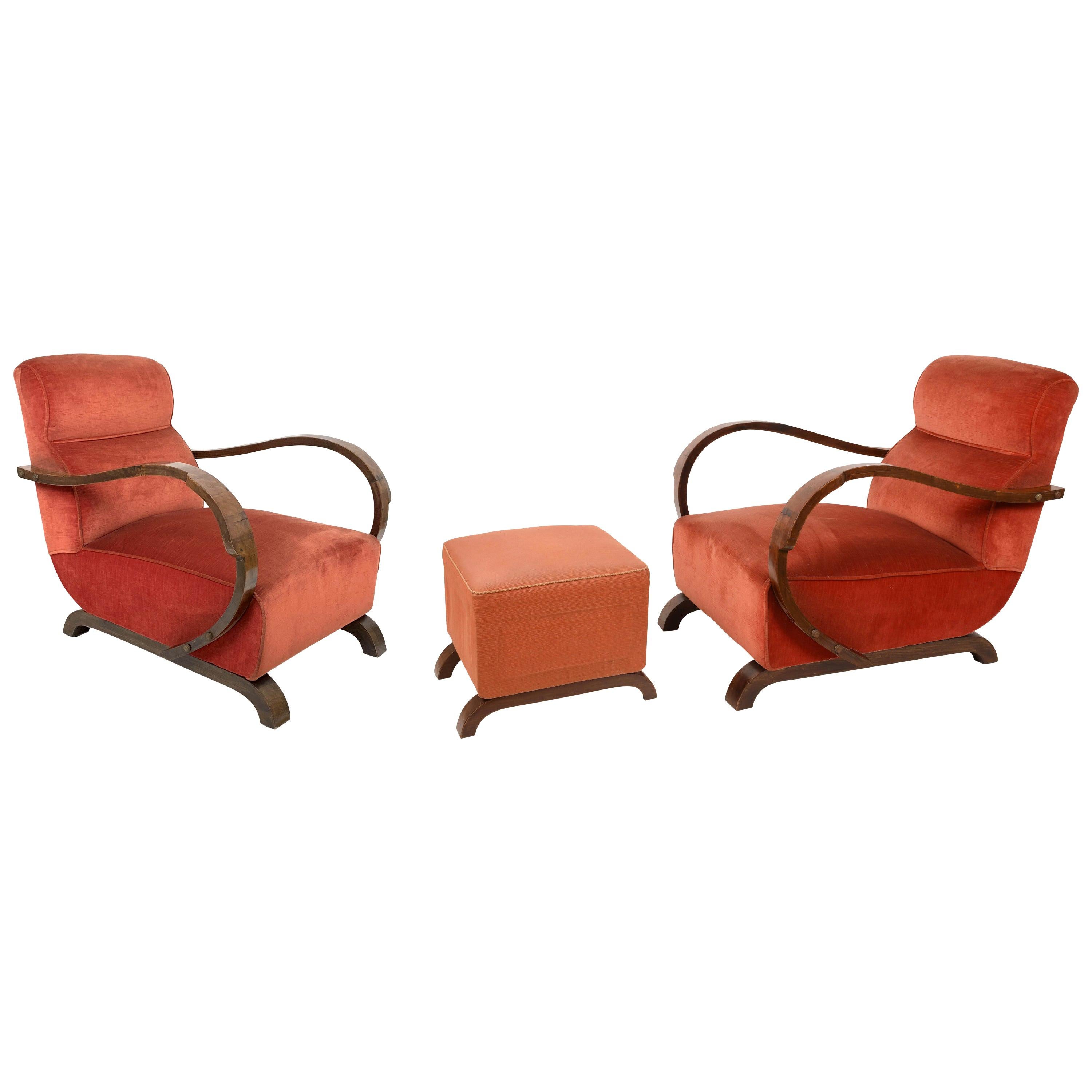 Pair of Art Deco Walnut and Red Fabric Italian Armchairs and Ottoman, 1930s
