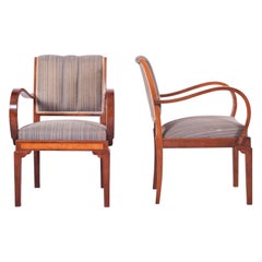 Paire de fauteuils Art Déco en noyer, tissu original bleu et jaune, années 1930
