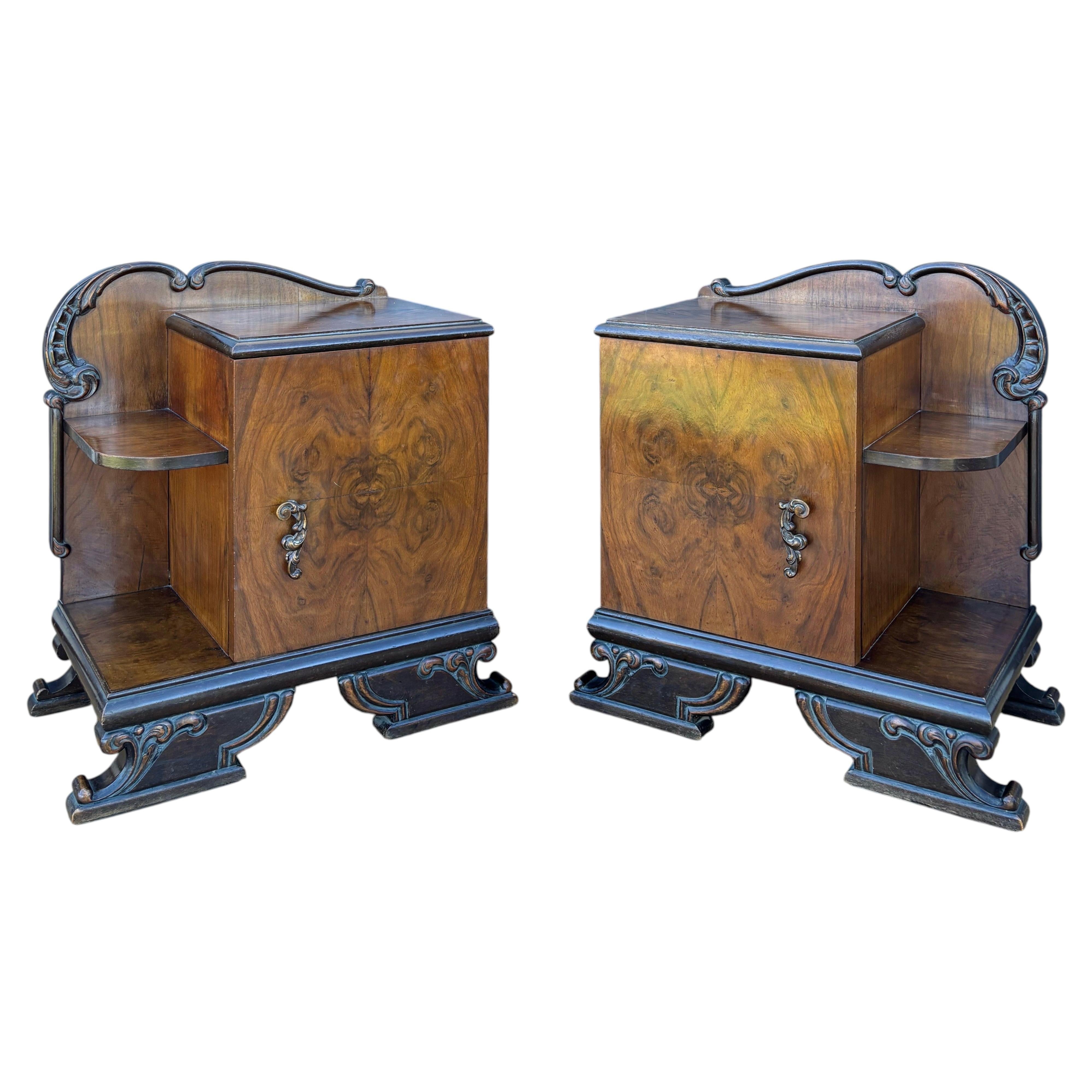 Pair of Art Deco Walnut Bedside Nightstands, 1930s