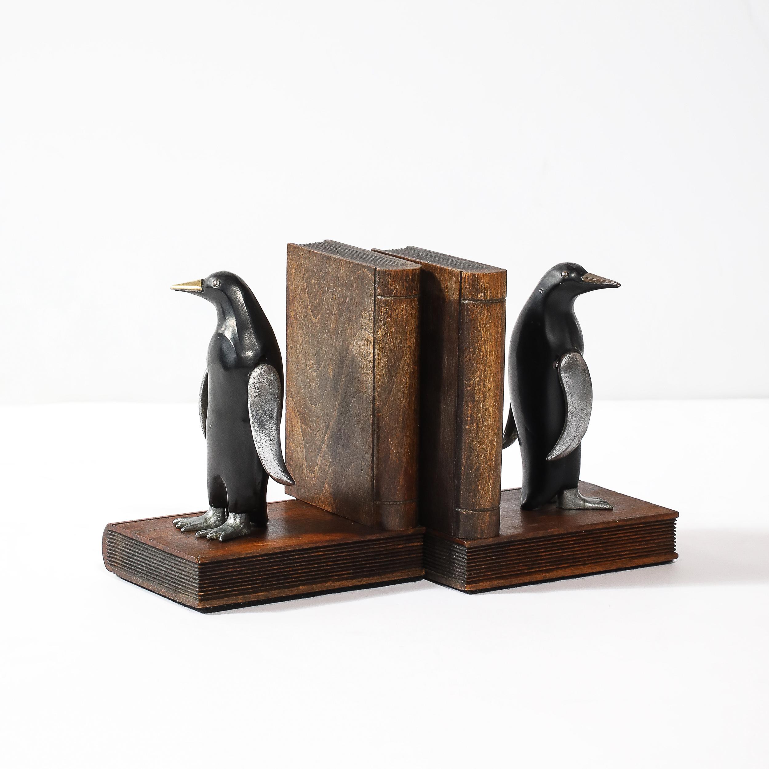 Pair of Art Deco Walnut, Black Enamel & Brass Sculptural Penguin Bookends For Sale 6
