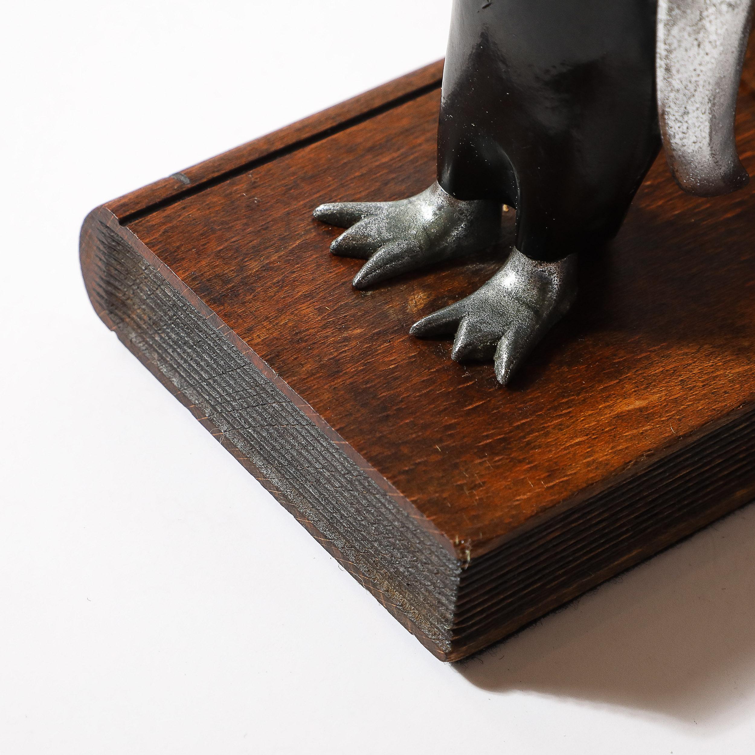 Pair of Art Deco Walnut, Black Enamel & Brass Sculptural Penguin Bookends For Sale 7