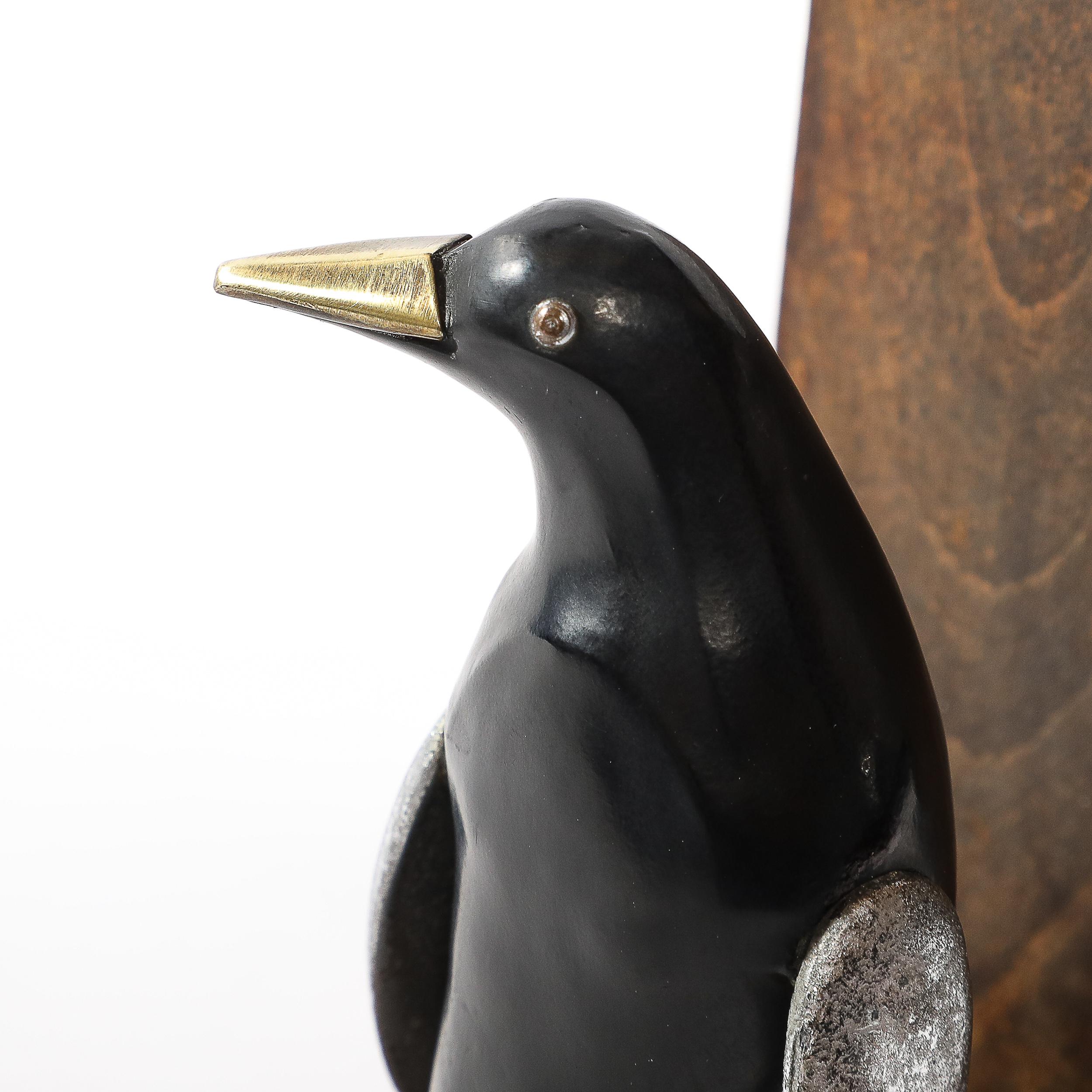 Pair of Art Deco Walnut, Black Enamel & Brass Sculptural Penguin Bookends For Sale 8