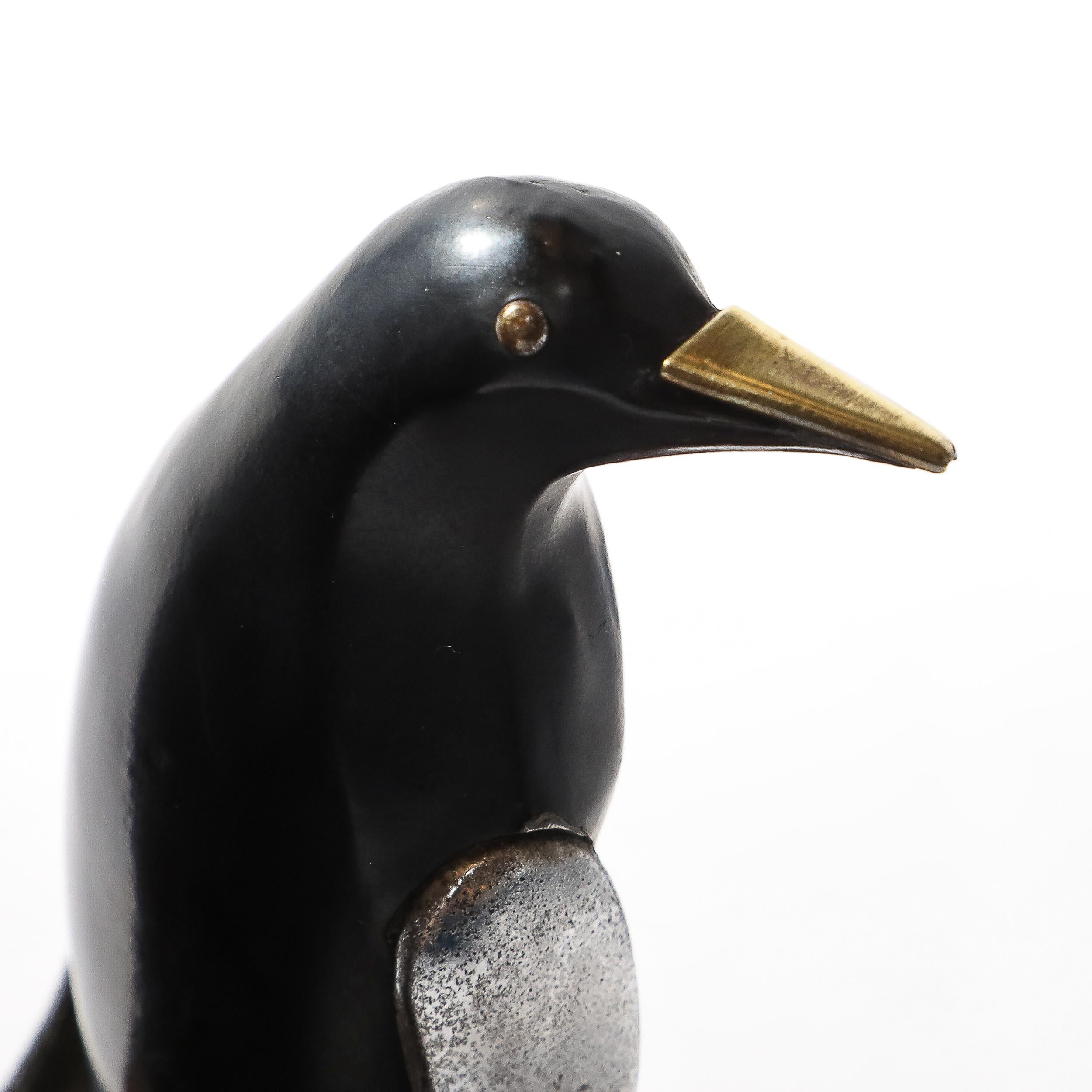 Pair of Art Deco Walnut, Black Enamel & Brass Sculptural Penguin Bookends For Sale 9