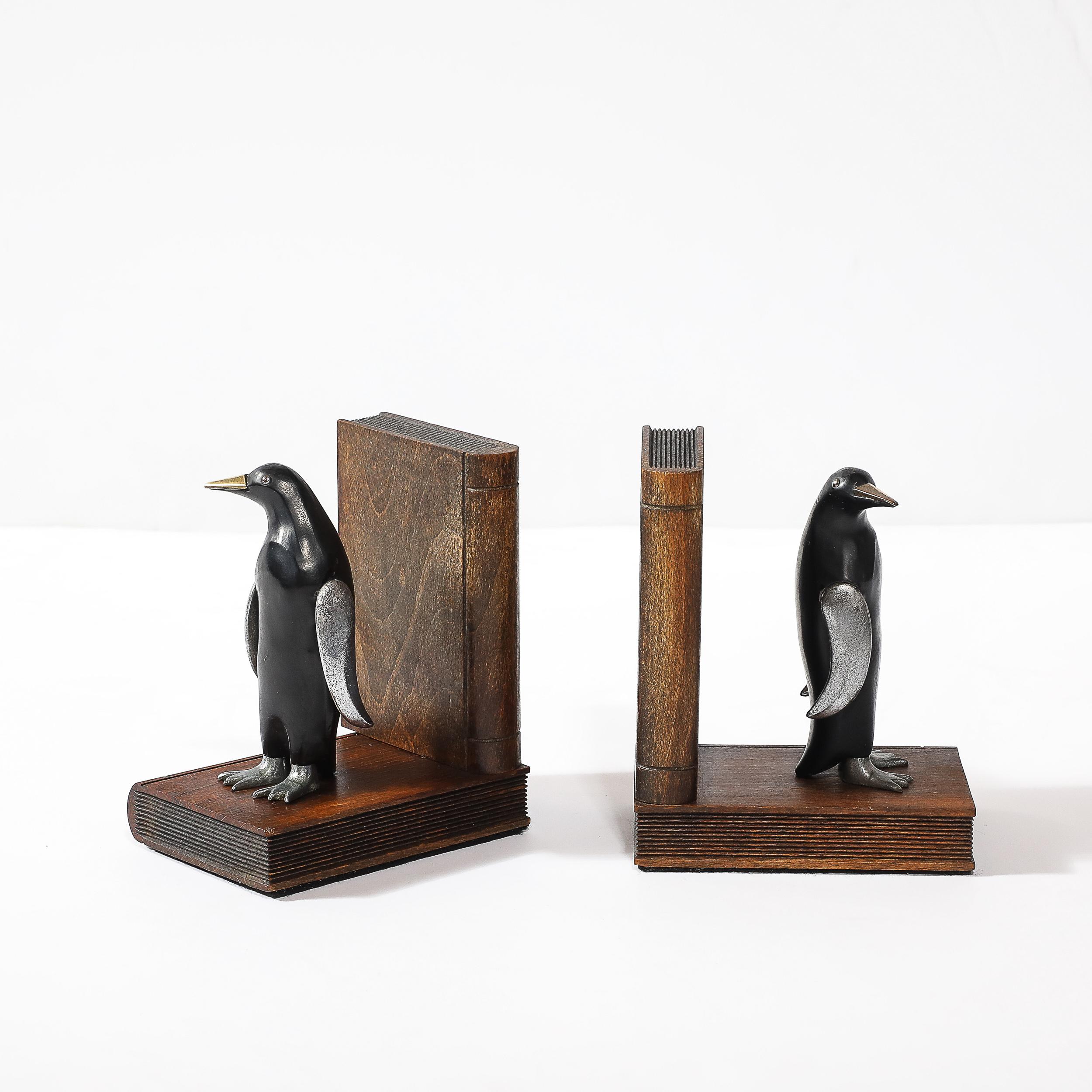 American Pair of Art Deco Walnut, Black Enamel & Brass Sculptural Penguin Bookends For Sale