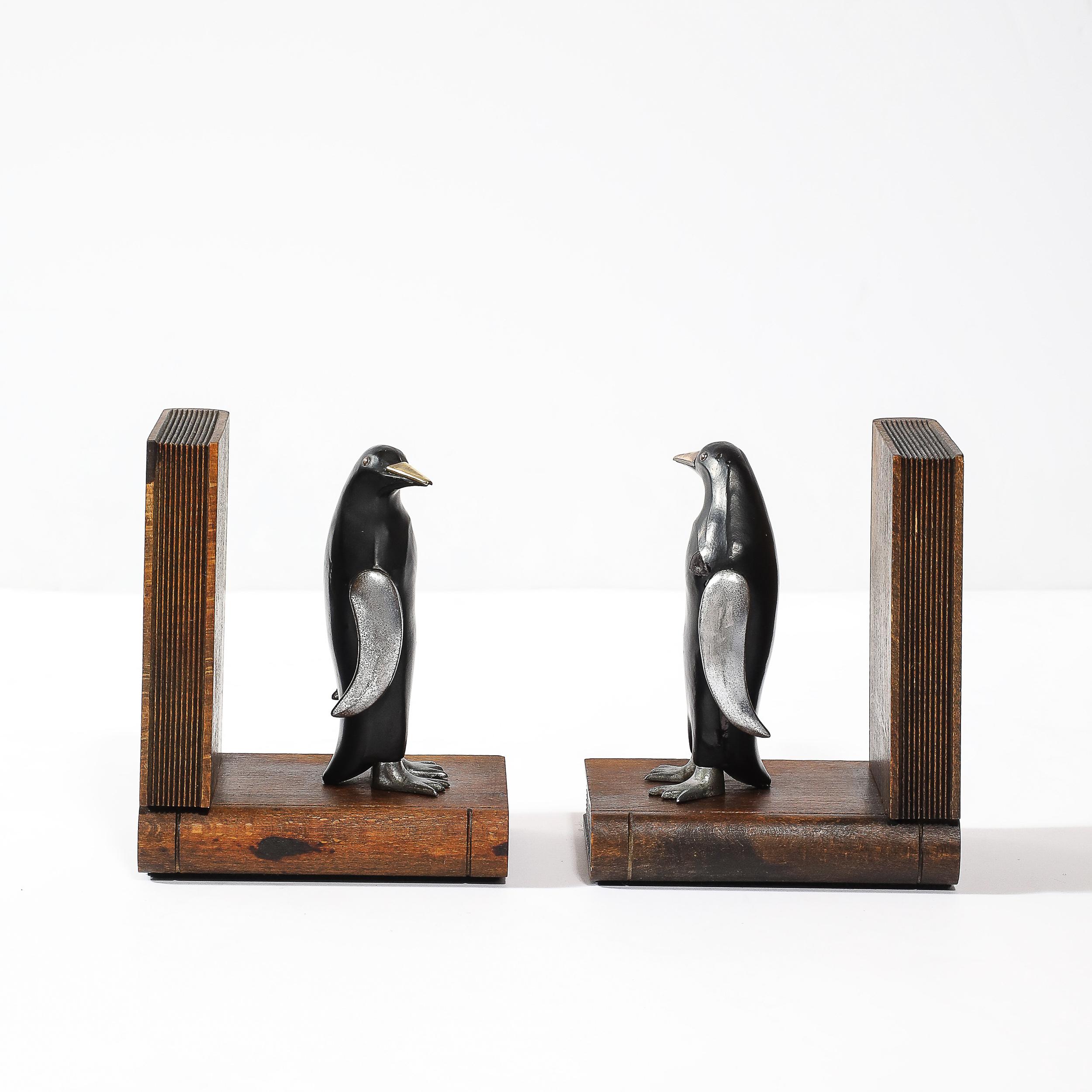 Pair of Art Deco Walnut, Black Enamel & Brass Sculptural Penguin Bookends For Sale 1