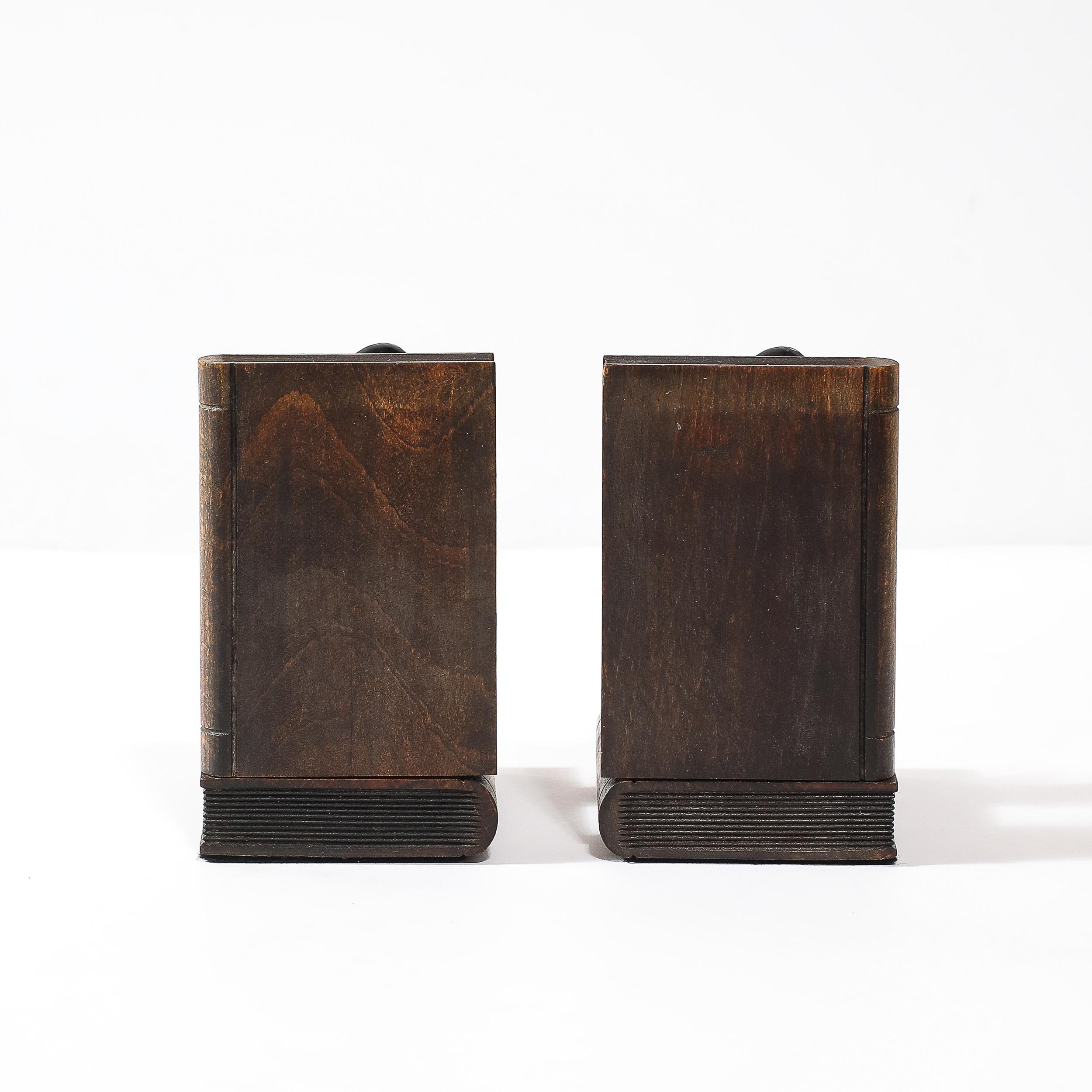 Pair of Art Deco Walnut, Black Enamel & Brass Sculptural Penguin Bookends For Sale 2