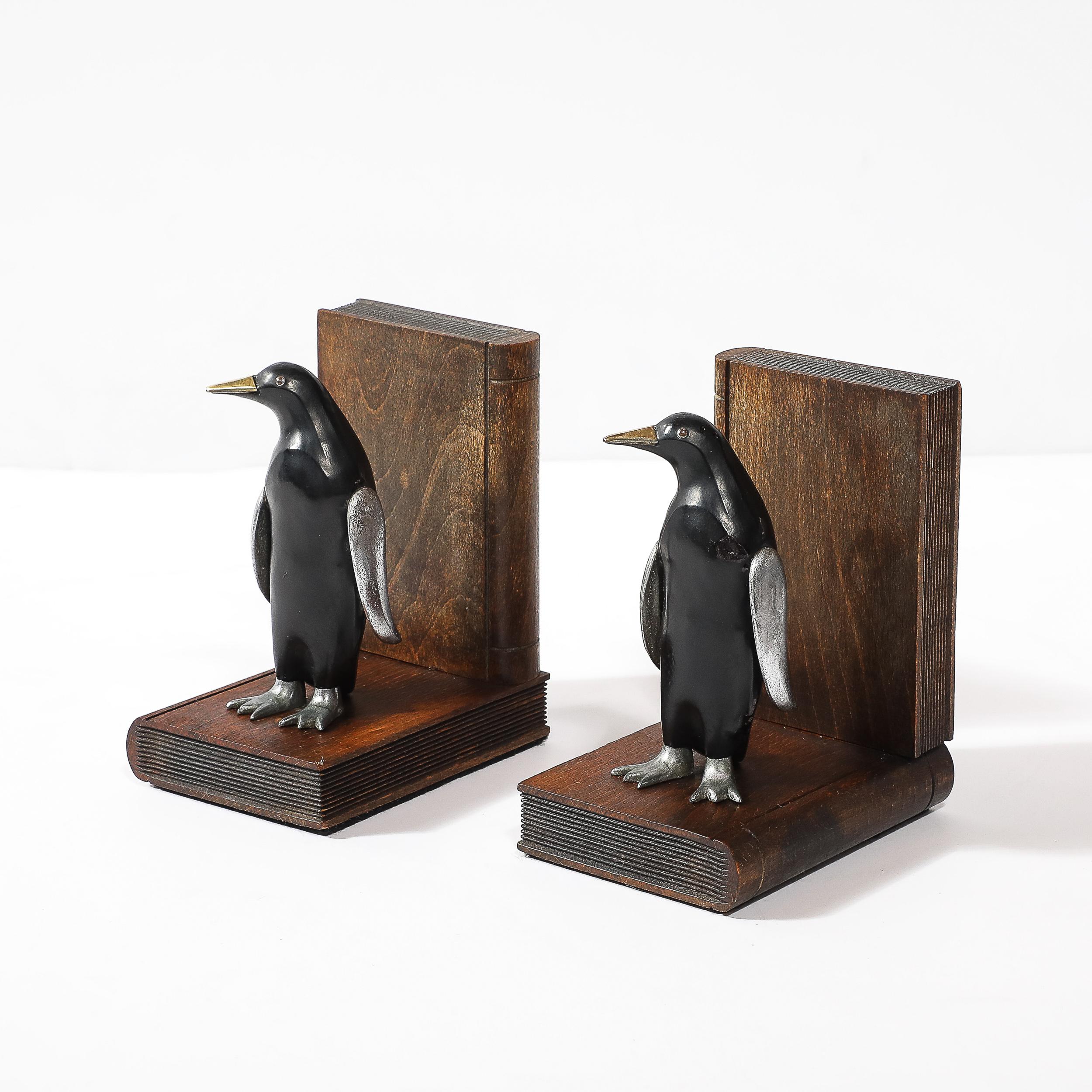Pair of Art Deco Walnut, Black Enamel & Brass Sculptural Penguin Bookends For Sale 3