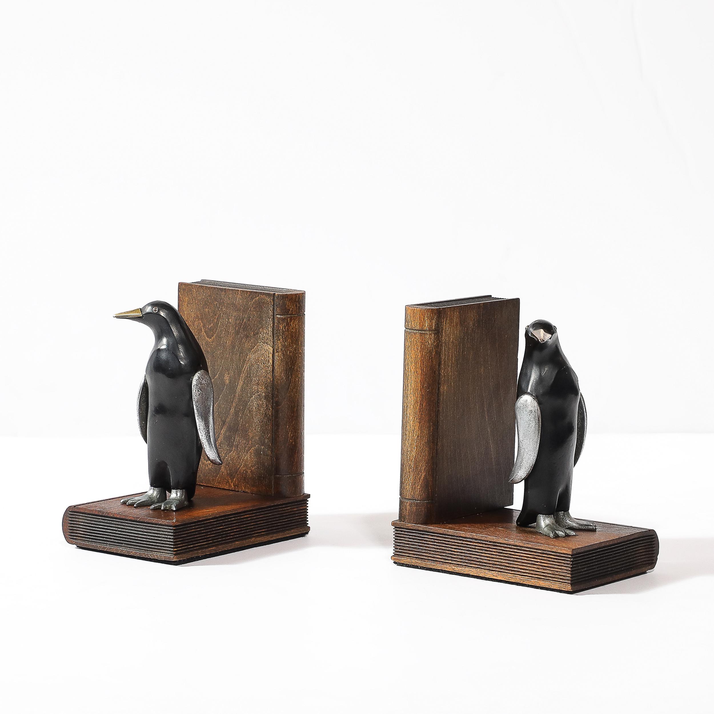 Pair of Art Deco Walnut, Black Enamel & Brass Sculptural Penguin Bookends For Sale 4
