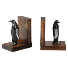 Pair of Art Deco Walnut, Black Enamel & Brass Sculptural Penguin Bookends