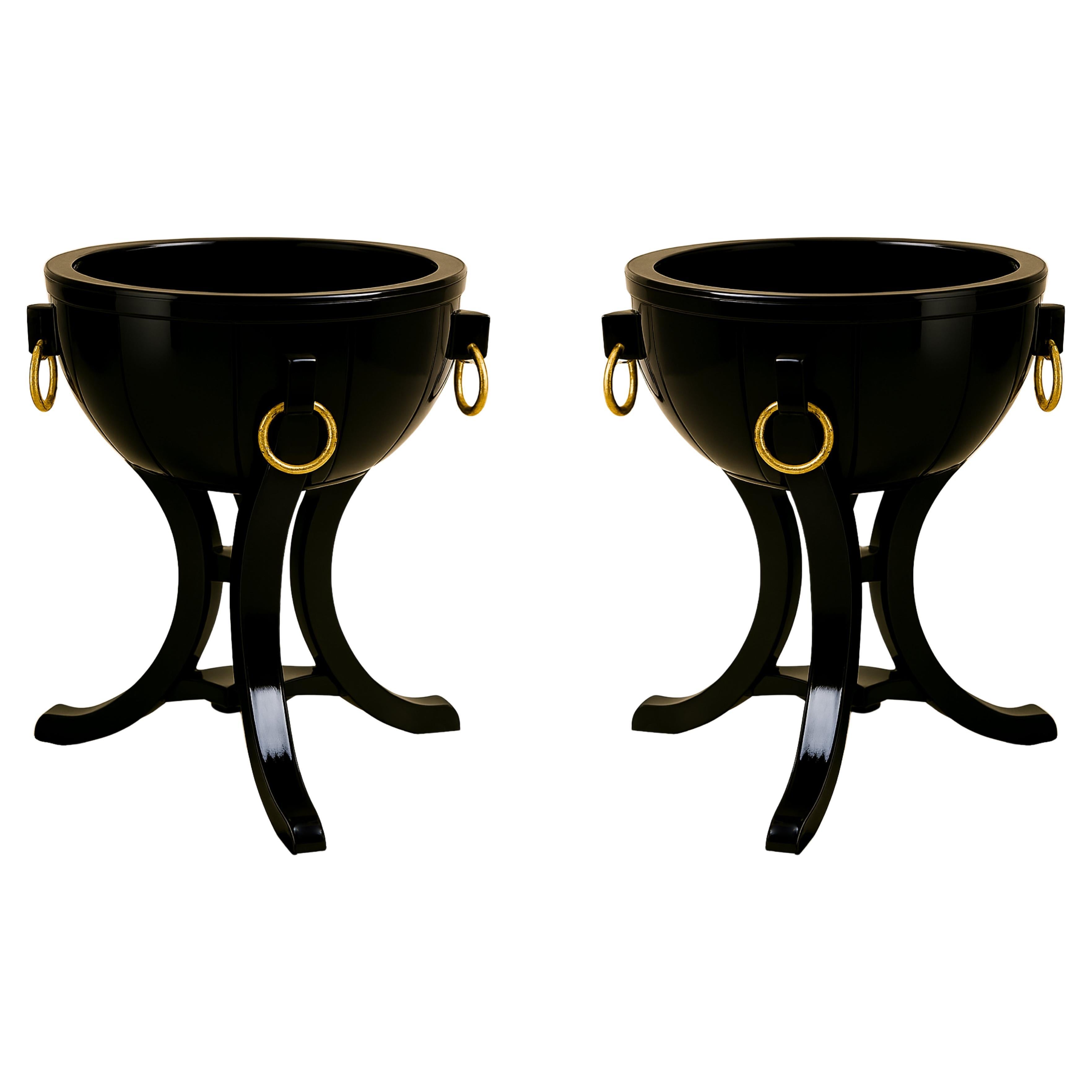 Pair Of Art Deco Walnut Black Lacquer Art Deco Vase, 20th Century