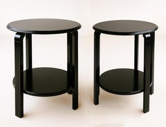 Pair Of Art Deco Walnut Black Lacquer Side Table, 20th Century