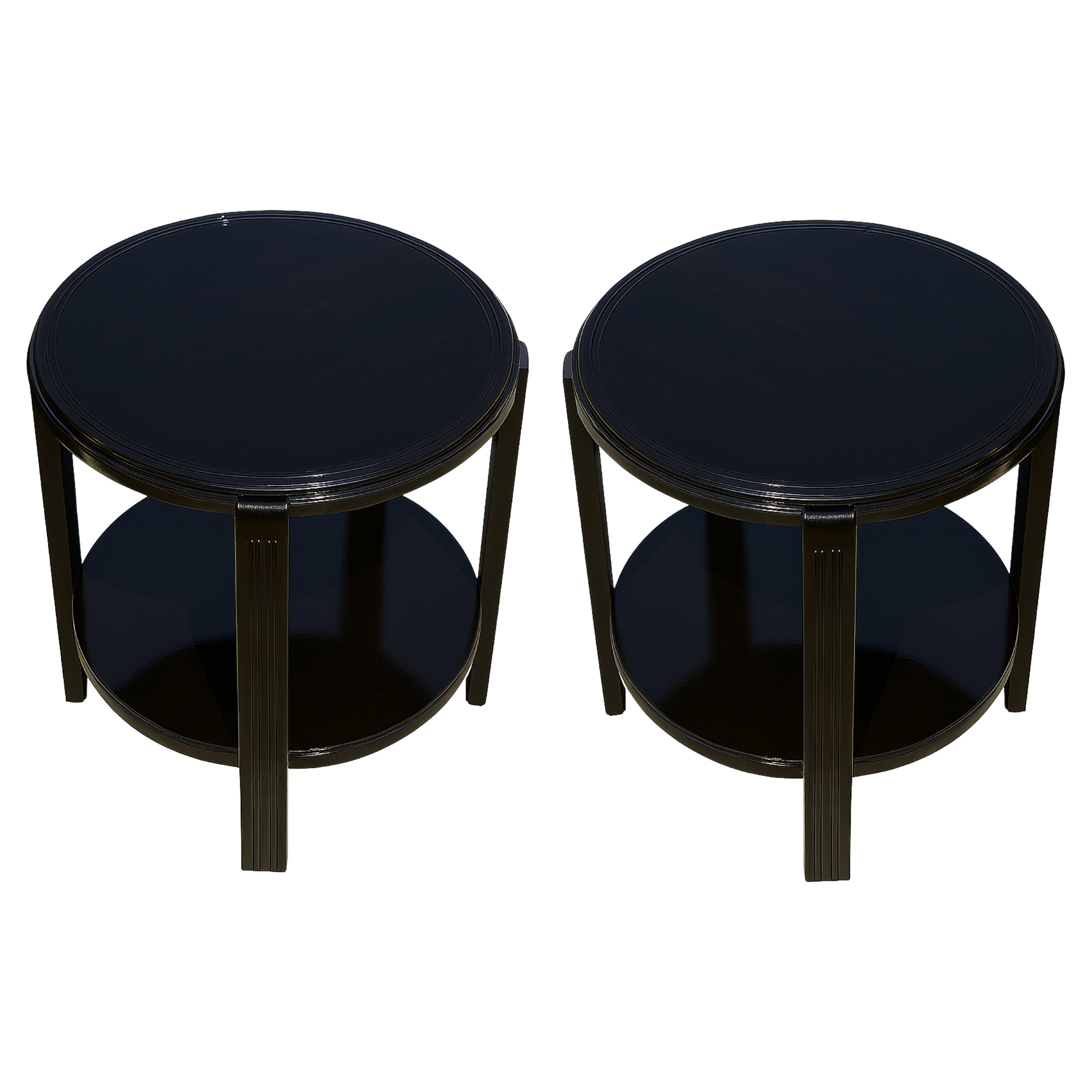 Pair Of Art Deco Walnut Black Lacquer Side Table, 20th Century