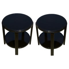 Pair Of Art Deco Walnut Black Lacquer Side Table, 20th Century
