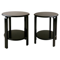 Pair Of Art Deco Walnut Black Lacquer Side Table, 20th Century