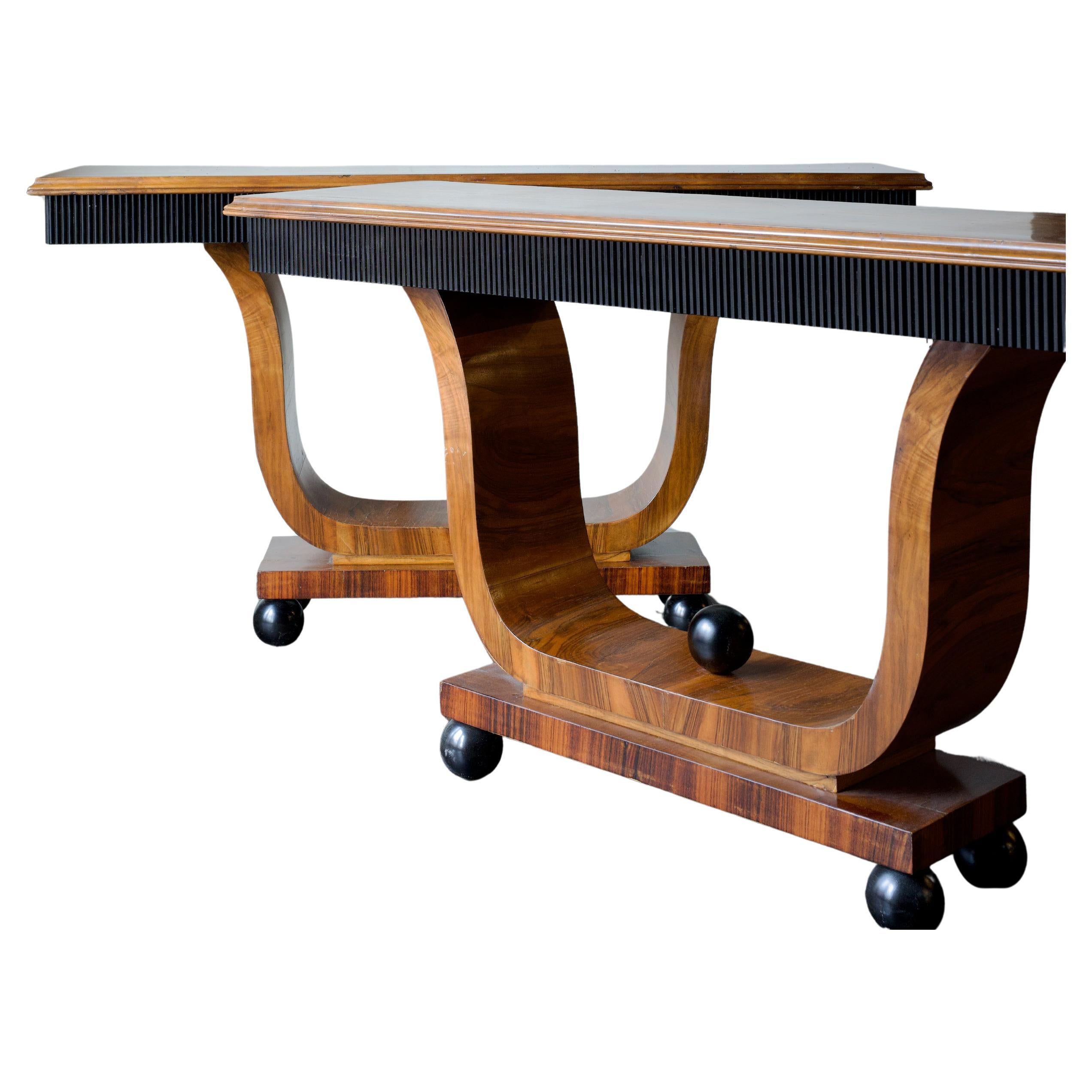 Pair of Art Deco Walnut Console Tables For Sale