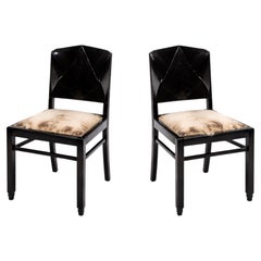 Pair of Art Deco Walnut Dining Chairs, Black Lacquer, 20th Century