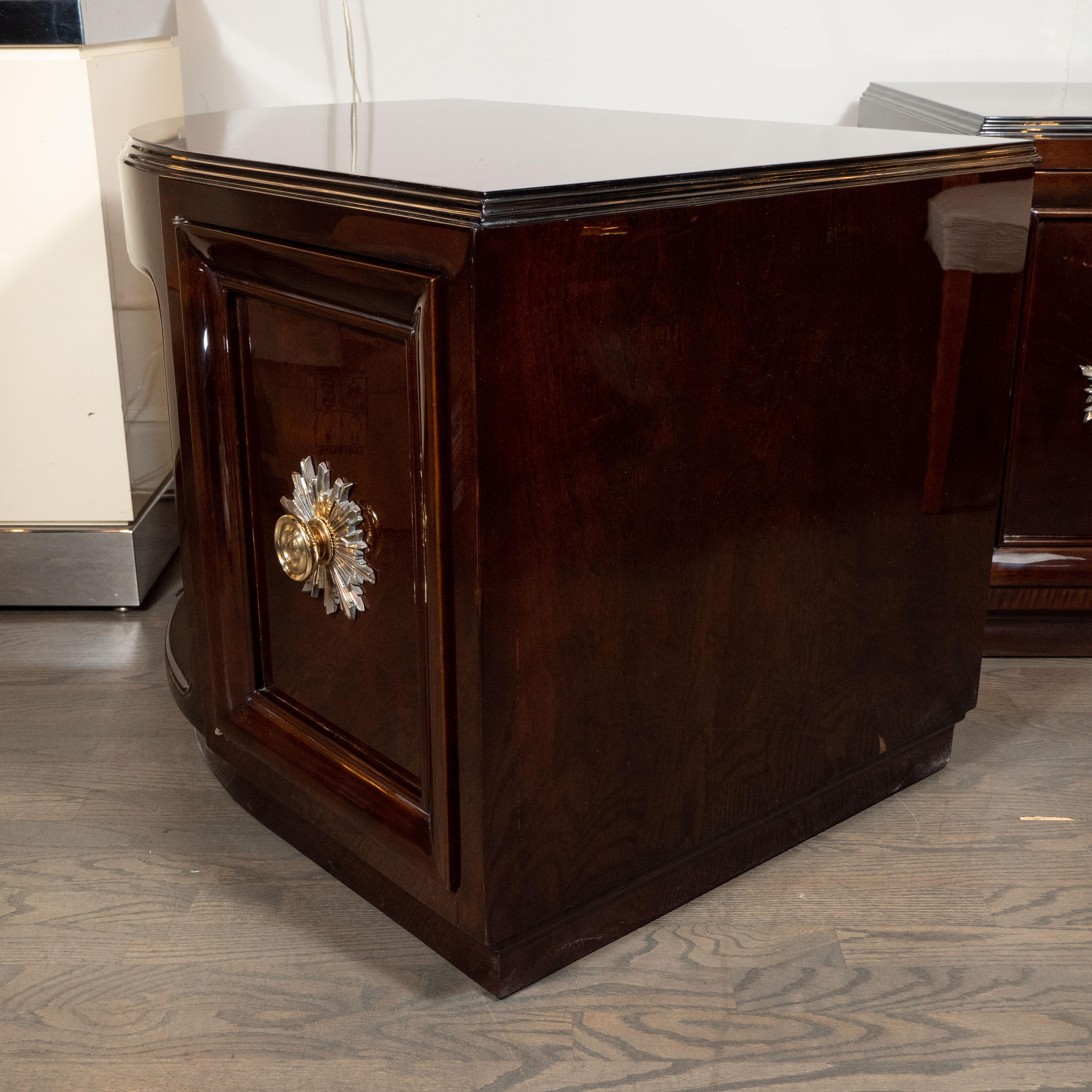 Pair of Art Deco Walnut End Tables/Nightstands with Gilded Pulls, Grosfeld House In Excellent Condition In New York, NY