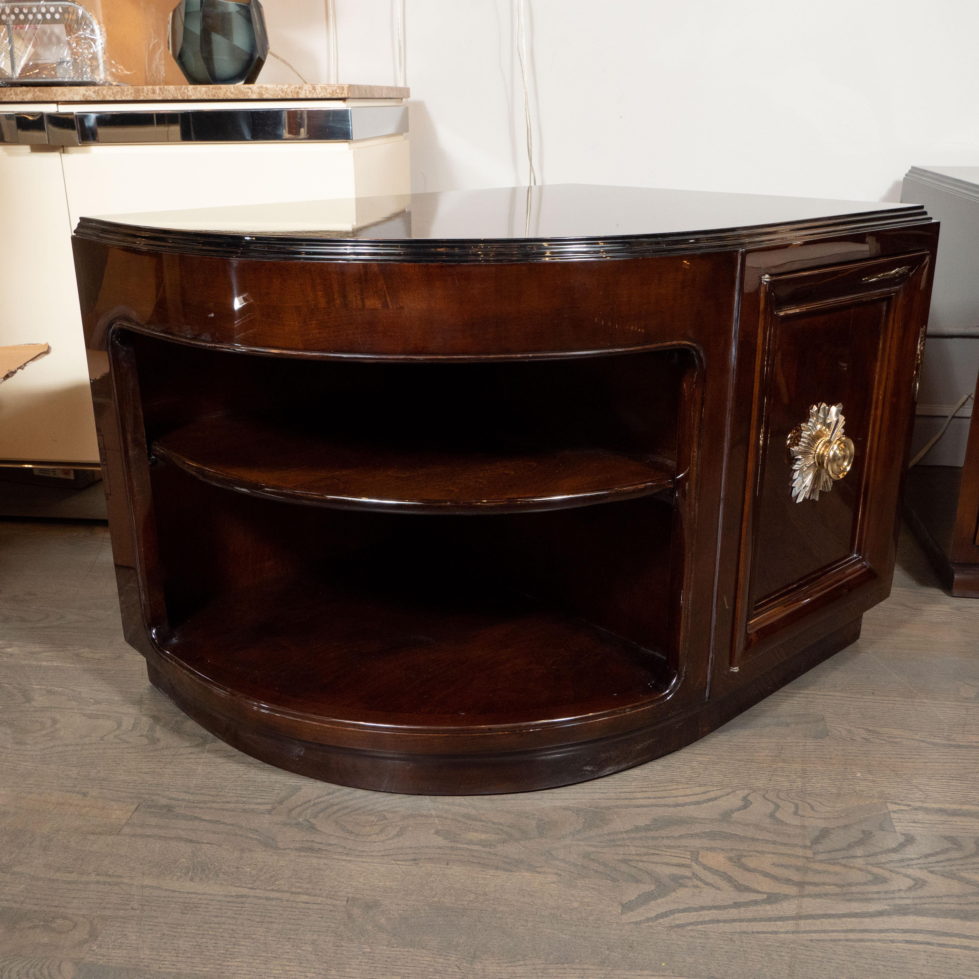 Bronze Pair of Art Deco Walnut End Tables/Nightstands with Gilded Pulls, Grosfeld House