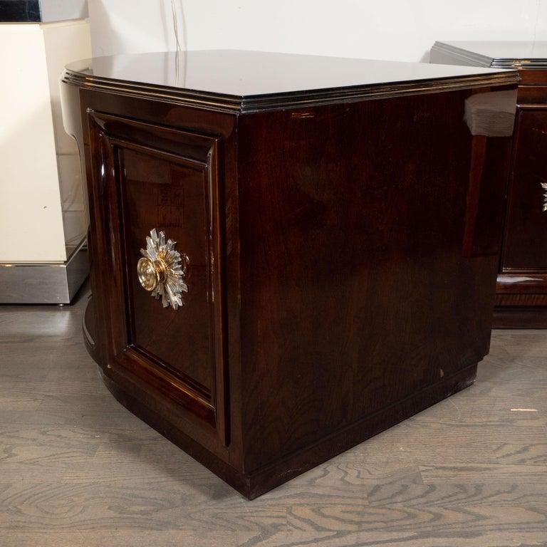 Pair of Art Deco Walnut End Tables/Nightstands with Gilded Pulls, Grosfeld House In Excellent Condition For Sale In New York, NY