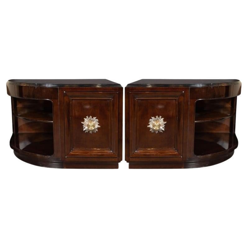 Pair of Art Deco Walnut End Tables/Nightstands with Gilded Pulls, Grosfeld House For Sale