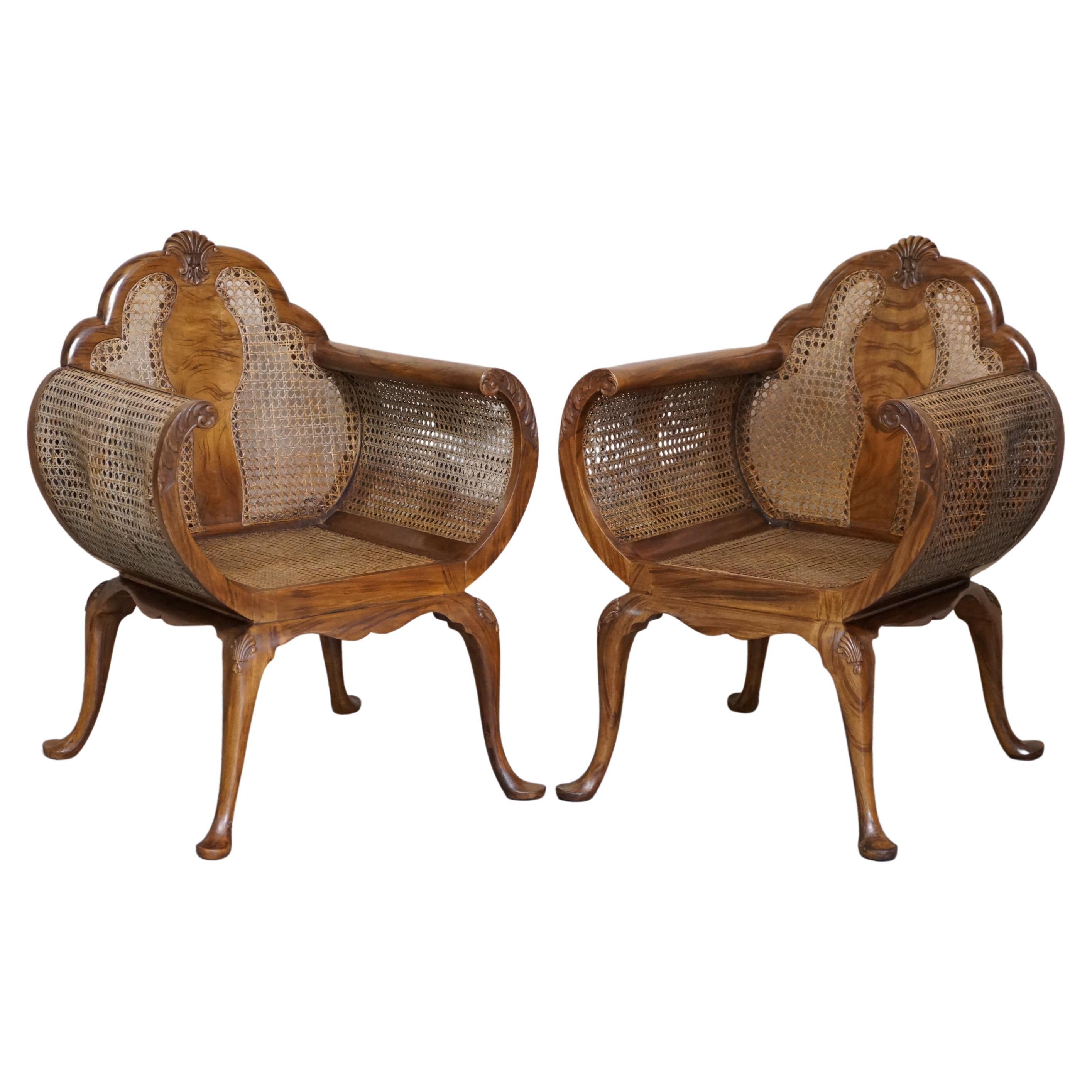 Pair of Art Deco Walnut & Hardwood Bergere Occasional Armchairs Part of Suite