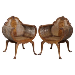 Pair of Art Deco Walnut & Hardwood Bergere Occasional Armchairs Part of Suite