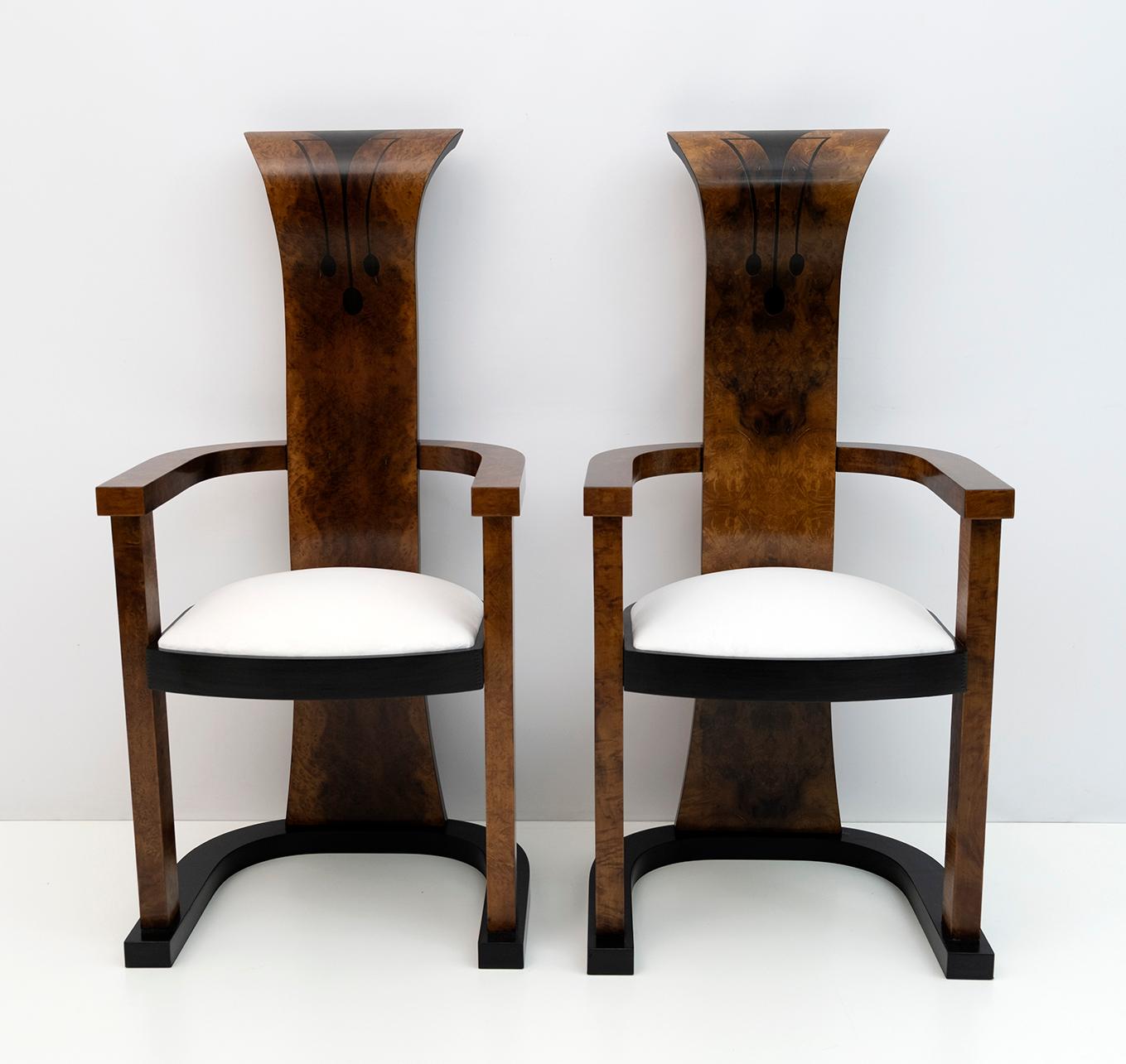 Italian Pair of Art Deco Walnut High Back Chairs