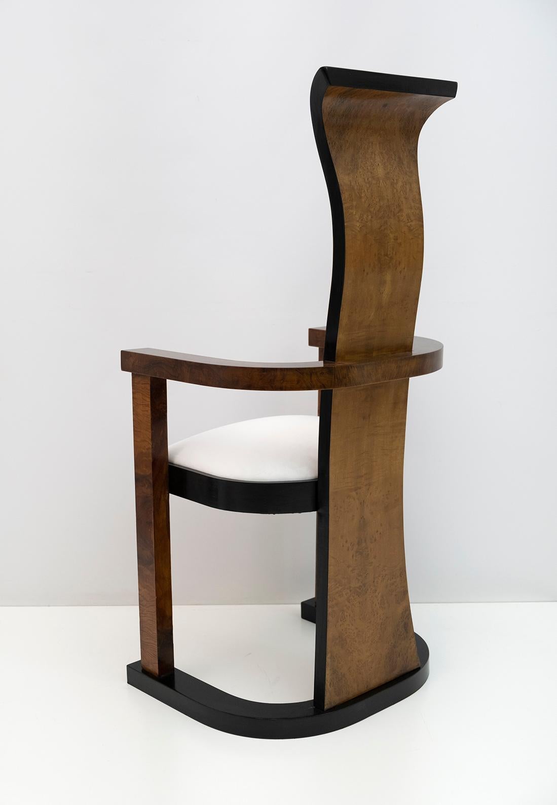 Velvet Pair of Art Deco Walnut High Back Chairs