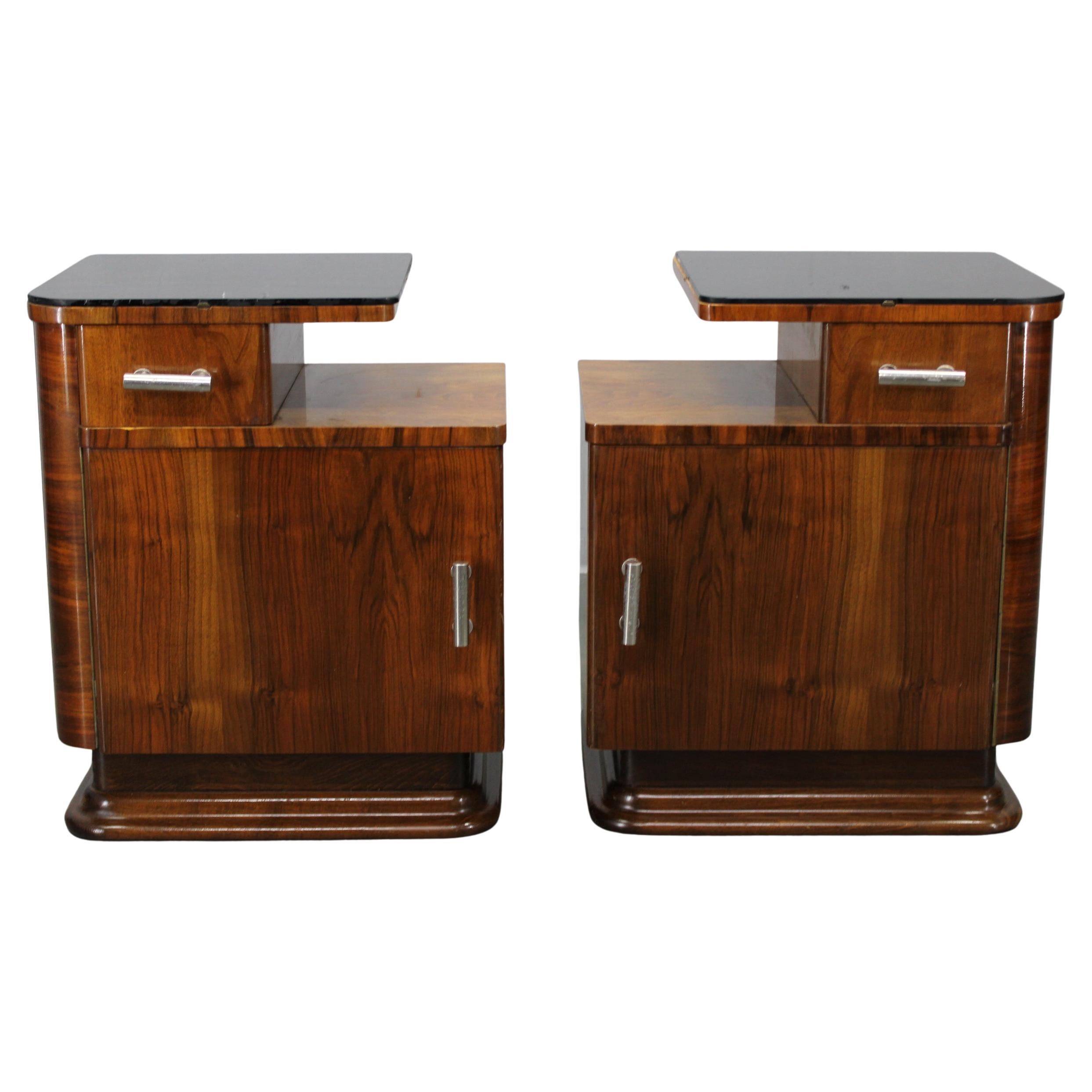 Pair of Art Deco Walnut Nightstands, Czechoslovakia, 1930s