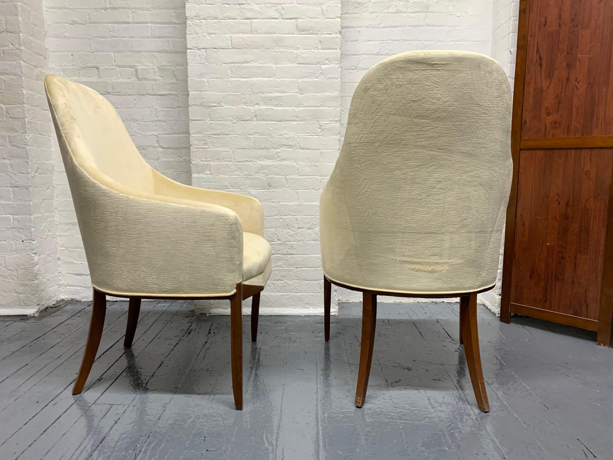 Pair of Art Deco walnut side chairs with a solid walnut frame and mohair fabric..
  