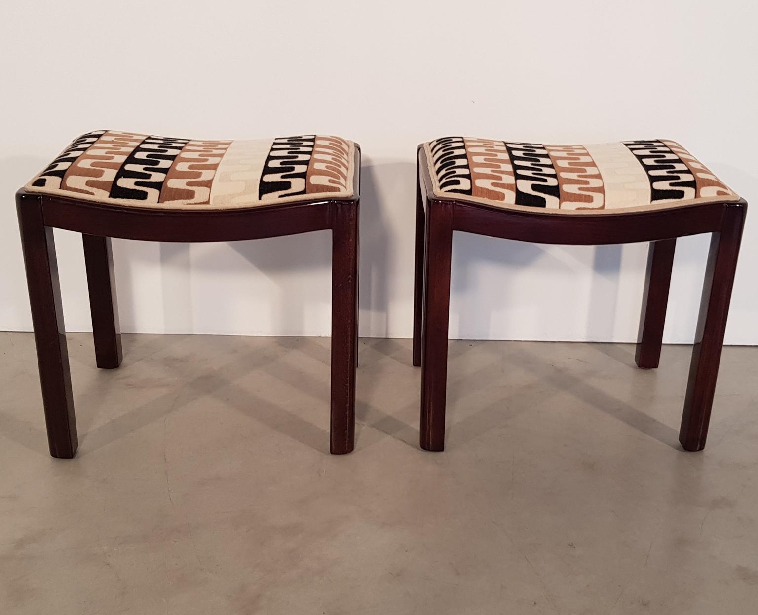 Pair of Hungarian Art Deco stools with lacquered walnut veneer and matching textile. 1930s, recently restored.