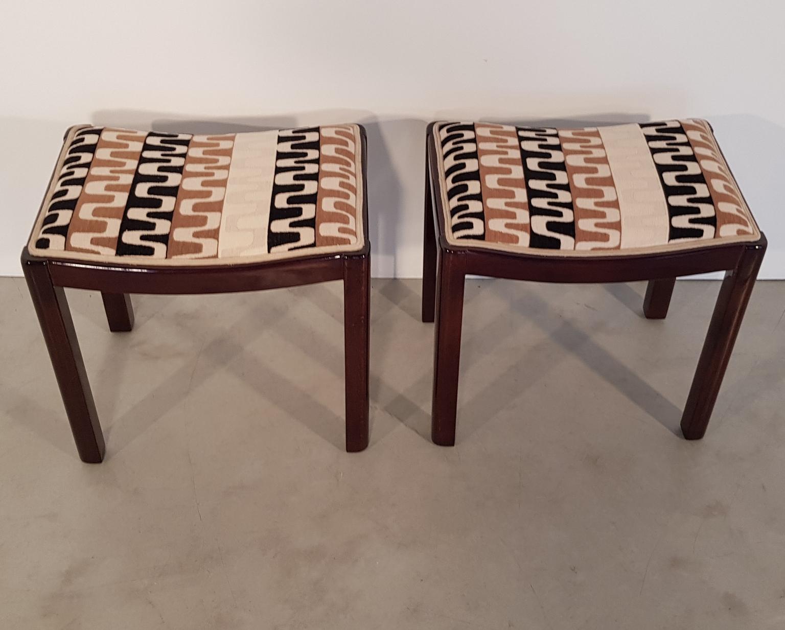 Hungarian Pair of Art Deco Walnut Upholstered Stools, 1930s, Hungary For Sale