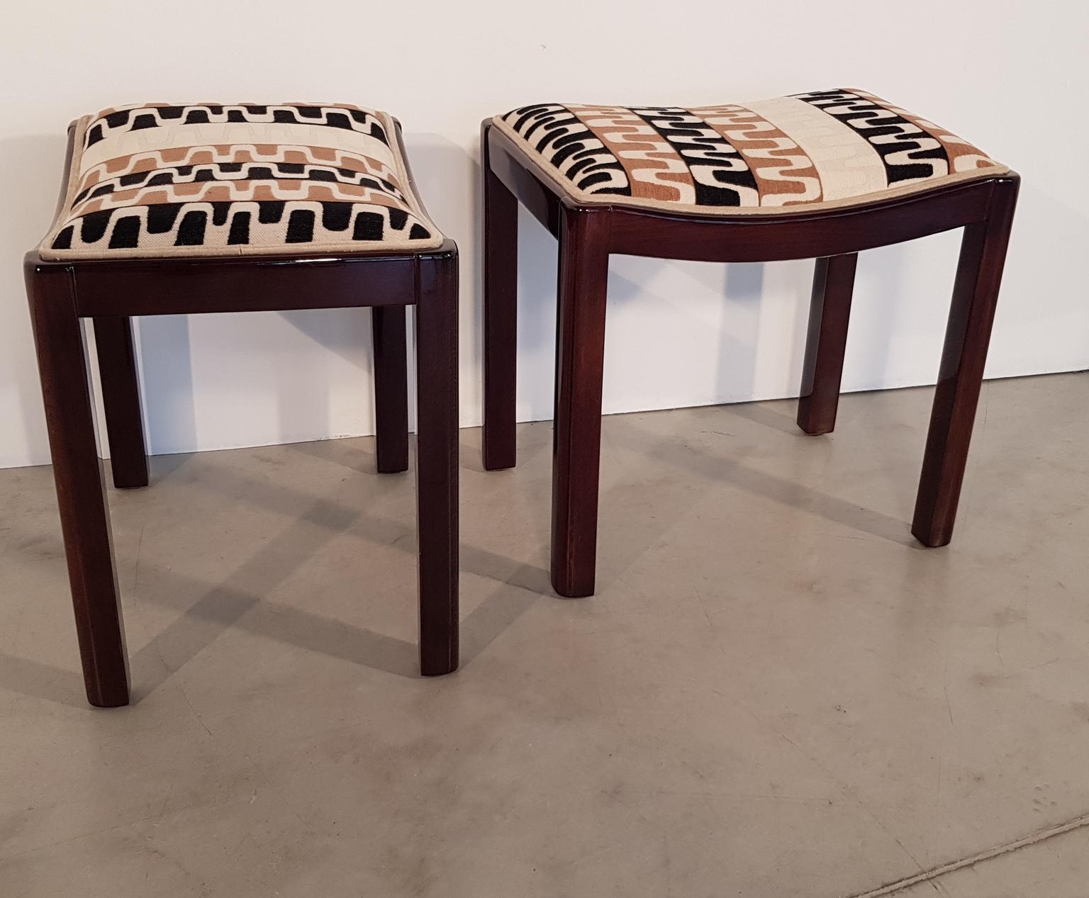 Lacquered Pair of Art Deco Walnut Upholstered Stools, 1930s, Hungary For Sale