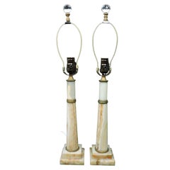 Pair of Art Deco White and Brown Onyx and Brass Column Table Lamps